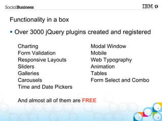 Functionality in a box
 Over 3000 jQuery plugins created and registered

   Charting                    Modal Window
   Form Validation             Mobile
   Responsive Layouts          Web Typography
   Sliders                     Animation
   Galleries                   Tables
   Carousels                   Form Select and Combo
   Time and Date Pickers

   And almost all of them are FREE
 
