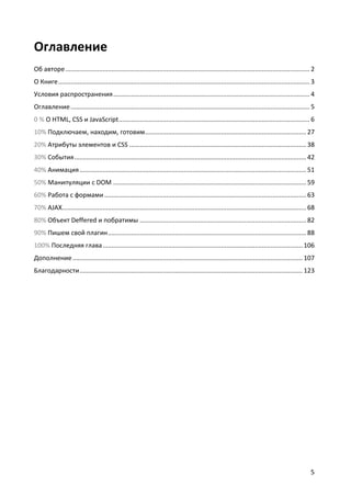 Оглавление
Об авторе .......................................................................................................................................... 2
О Книге .............................................................................................................................................. 3
Условия распространения ............................................................................................................... 4
Оглавление ....................................................................................................................................... 5
0 % О HTML, CSS и JavaScript............................................................................................................ 6
10% Подключаем, находим, готовим ........................................................................................... 27
20% Атрибуты элементов и CSS .................................................................................................... 38
30% События ................................................................................................................................... 42
40% Анимация ................................................................................................................................ 51
50% Манипуляции с DOM ............................................................................................................. 59
60% Работа с формами .................................................................................................................. 63
70% AJAX.......................................................................................................................................... 68
80% Объект Deffered и побратимы .............................................................................................. 82
90% Пишем свой плагин ................................................................................................................ 88
100% Последняя глава ................................................................................................................. 106
Дополнение .................................................................................................................................. 107
Благодарности .............................................................................................................................. 123




                                                                                                                                                      5
 