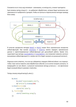 Становится ли от этого код читаемым – сомневаюсь, но метод есть, и может пригодится.
Ещё упомяну метод always() – он добавляет обработчики, которые будут выполнены вне
зависимости от выбранного сценария. Чтобы не путаться в перечисленных методах приведу
блок-схему:

                                       $.Deferred(…)



         than                done(…)                   fail(…)

                                                                                  1
     1                       done(…)
           2

                 3                      always(…)                         2


                         resolve()                       reject()



В качестве аргументов методов done() и fail() может быть произвольное множество
callback-функций. При вызове resolve() и reject() можно передать произвольные
данные в зарегистрированные callback-функции для дальнейшей работы. Кроме того,
существуют еще методы resolveWith() и rejectWith(), они позволяют изменять контекст
вызываемых callback-функции (т.е. внутри них this будет смотреть на указанный контекст)


Отдельно хотел отметить, что если вы собираетесь передать Deferred объект «на сторону»,
чтобы «там» могли повесить свои обработчики событий, но не хотите потерять контроль, то
возвращайте не сам объект, а результат выполнения метода promise() – это фактически
будет искомый объект в режиме «read only».


Теперь покажу хитрый метод $.when():


      $.when(
               $.ajax("/ajax/example.json"),
               $("article").slideUp(200)
      ).then(function(){
               alert("All done");
      }, function(){
               alert("Something wrong");
      })



                                                                                       83
 