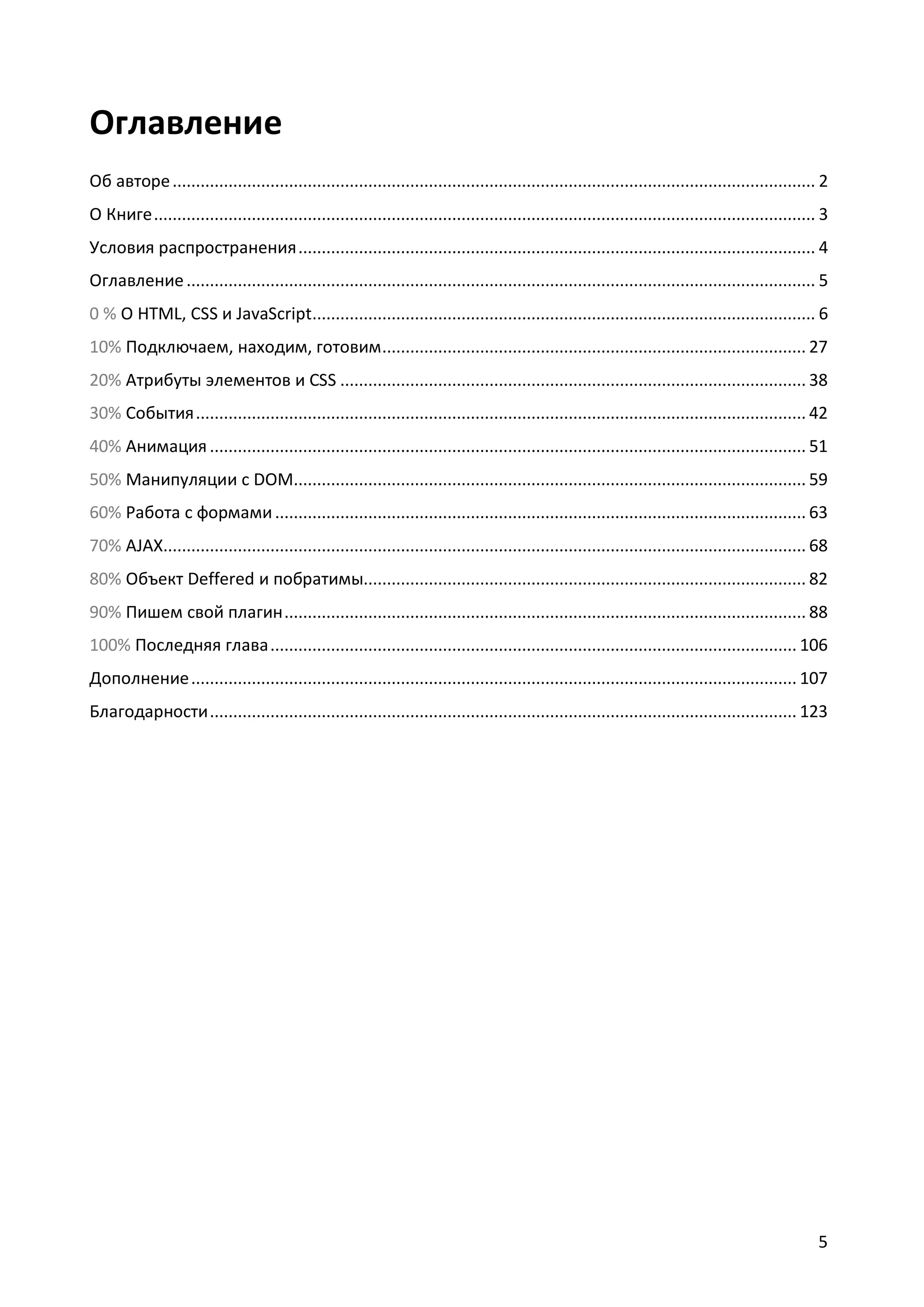 Оглавление
Об авторе .......................................................................................................................................... 2
О Книге .............................................................................................................................................. 3
Условия распространения ............................................................................................................... 4
Оглавление ....................................................................................................................................... 5
0 % О HTML, CSS и JavaScript............................................................................................................ 6
10% Подключаем, находим, готовим ........................................................................................... 27
20% Атрибуты элементов и CSS .................................................................................................... 38
30% События ................................................................................................................................... 42
40% Анимация ................................................................................................................................ 51
50% Манипуляции с DOM.............................................................................................................. 59
60% Работа с формами .................................................................................................................. 63
70% AJAX.......................................................................................................................................... 68
80% Объект Deffered и побратимы............................................................................................... 82
90% Пишем свой плагин ................................................................................................................ 88
100% Последняя глава ................................................................................................................. 106
Дополнение .................................................................................................................................. 107
Благодарности .............................................................................................................................. 123

5

 