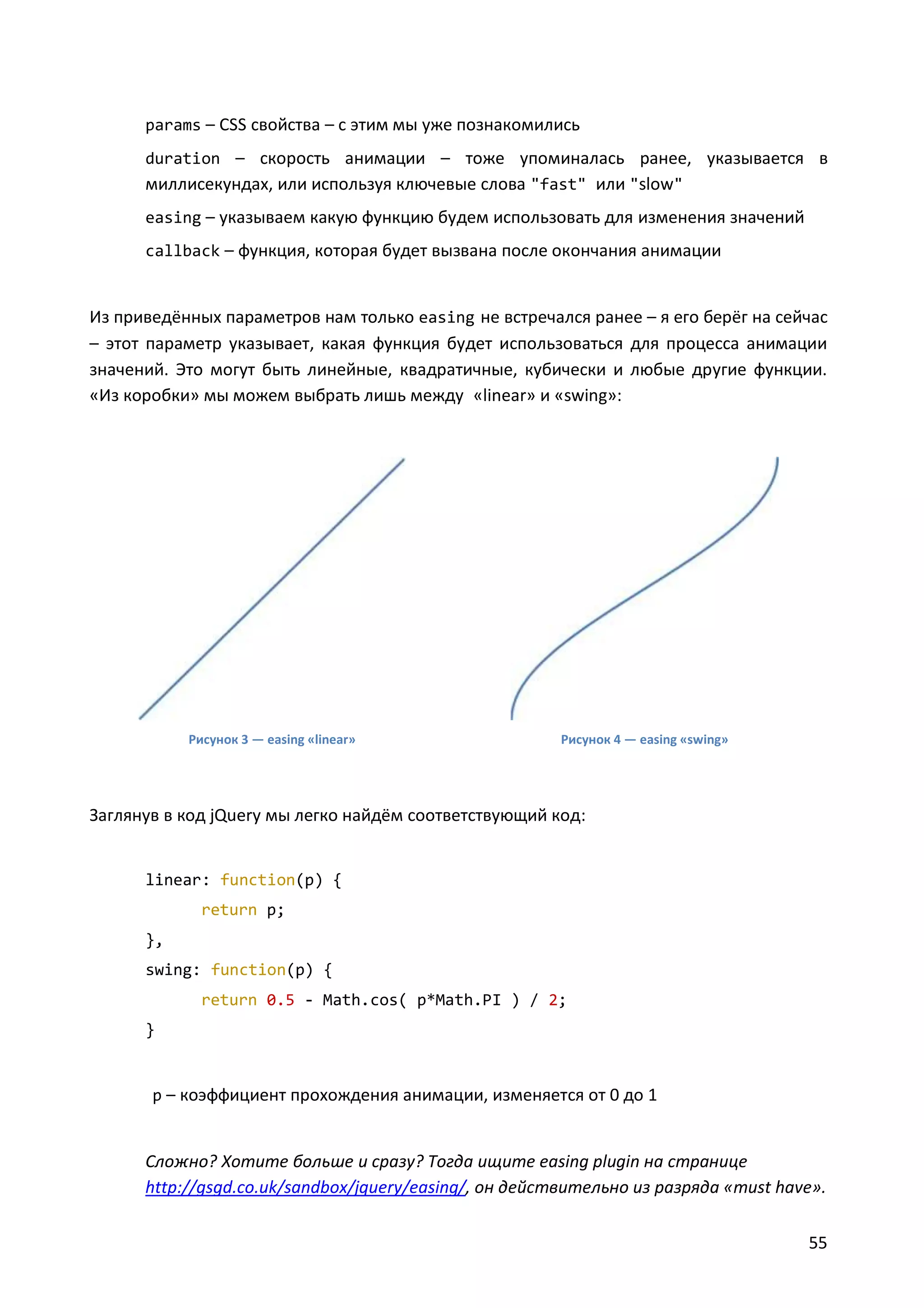 params – CSS свойства – с этим мы уже познакомились
duration – скорость анимации – тоже упоминалась ранее, указывается в

миллисекундах, или используя ключевые слова "fast" или "slow"
easing – указываем какую функцию будем использовать для изменения значений
callback – функция, которая будет вызвана после окончания анимации

Из приведённых параметров нам только easing не встречался ранее – я его берёг на сейчас
– этот параметр указывает, какая функция будет использоваться для процесса анимации
значений. Это могут быть линейные, квадратичные, кубически и любые другие функции.
«Из коробки» мы можем выбрать лишь между «linear» и «swing»:

Рисунок 3 — easing «linear»

Рисунок 4 — easing «swing»

Заглянув в код jQuery мы легко найдём соответствующий код:

linear: function(p) {
return p;
},
swing: function(p) {
return 0.5 - Math.cos( p*Math.PI ) / 2;
}

p – коэффициент прохождения анимации, изменяется от 0 до 1

Сложно? Хотите больше и сразу? Тогда ищите easing plugin на странице
http://gsgd.co.uk/sandbox/jquery/easing/, он действительно из разряда «must have».
55

 