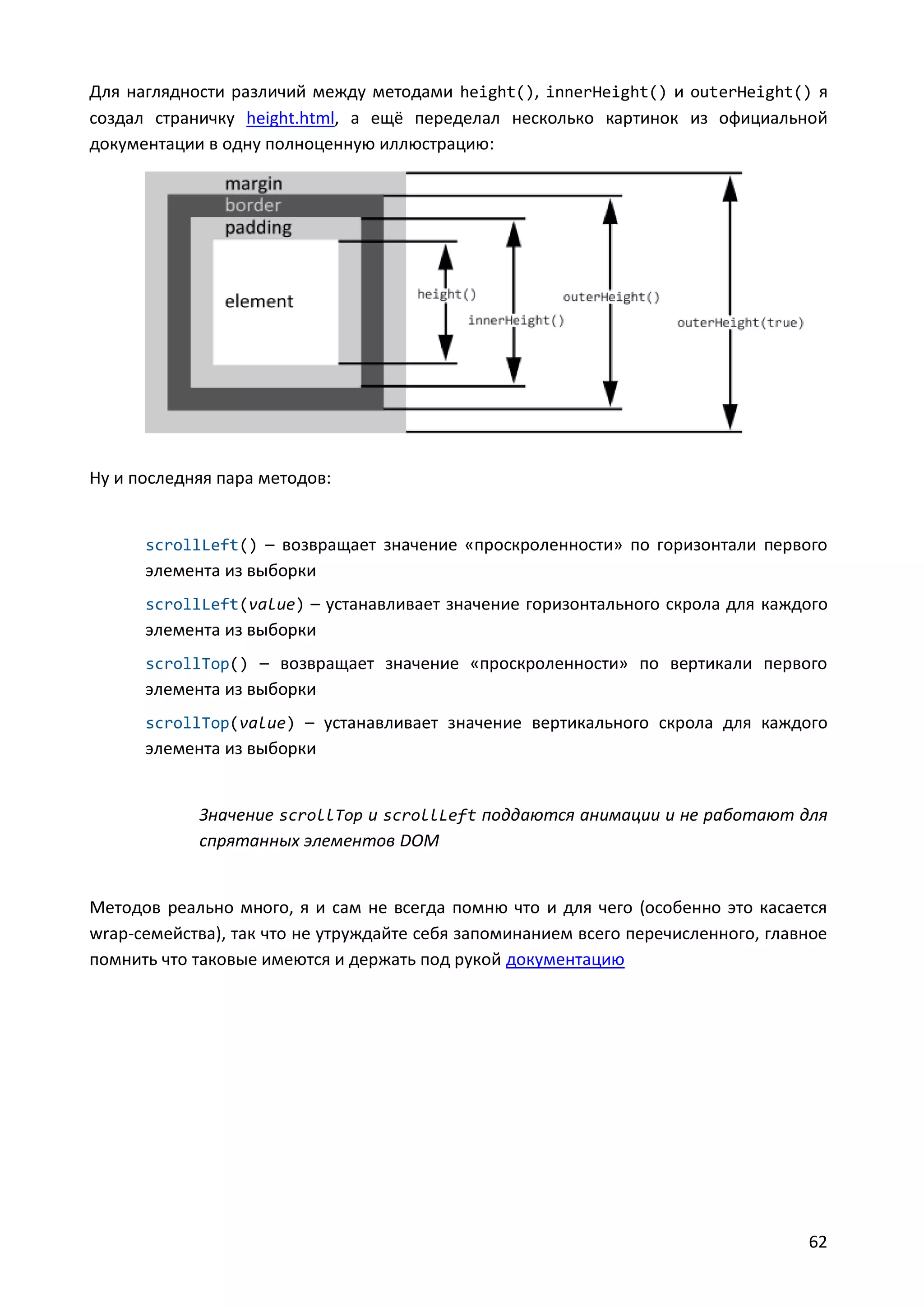 Для наглядности различий между методами height(), innerHeight() и outerHeight() я
создал страничку height.html, а ещё переделал несколько картинок из официальной
документации в одну полноценную иллюстрацию:

Ну и последняя пара методов:

scrollLeft() – возвращает значение «проскроленности» по горизонтали первого

элемента из выборки
scrollLeft(value) – устанавливает значение горизонтального скрола для каждого

элемента из выборки
scrollTop() – возвращает значение «проскроленности» по вертикали первого

элемента из выборки
scrollTop(value) – устанавливает значение вертикального скрола для каждого

элемента из выборки

Значение scrollTop и scrollLeft поддаются анимации и не работают для
спрятанных элементов DOM

Методов реально много, я и сам не всегда помню что и для чего (особенно это касается
wrap-семейства), так что не утруждайте себя запоминанием всего перечисленного, главное
помнить что таковые имеются и держать под рукой документацию

62

 