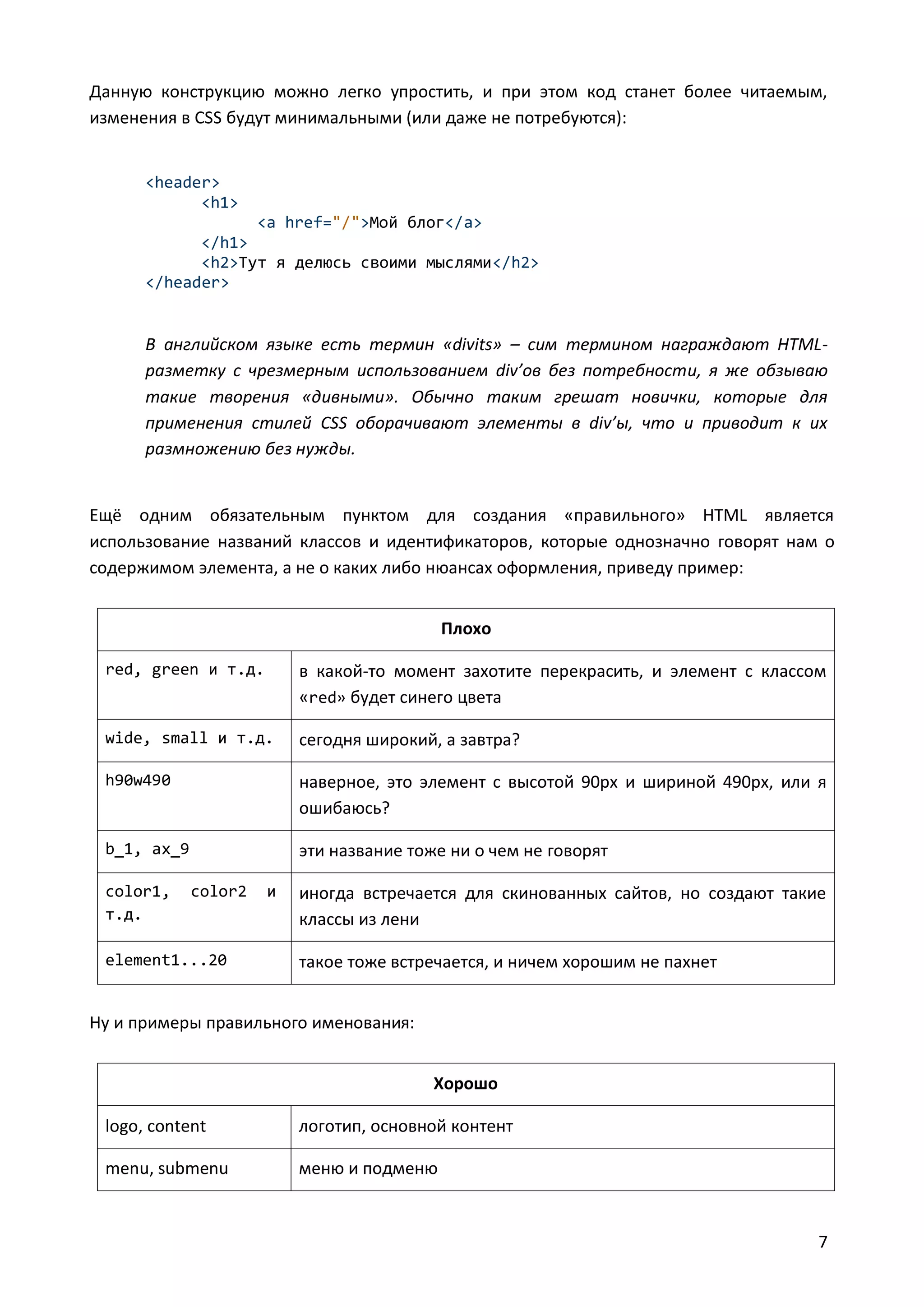 Данную конструкцию можно легко упростить, и при этом код станет более читаемым,
изменения в CSS будут минимальными (или даже не потребуются):

<header>
<h1>
<a href="/">Мой блог</a>
</h1>
<h2>Тут я делюсь своими мыслями</h2>
</header>

В английском языке есть термин «divits» – сим термином награждают HTMLразметку с чрезмерным использованием div’ов без потребности, я же обзываю
такие творения «дивными». Обычно таким грешат новички, которые для
применения стилей CSS оборачивают элементы в div’ы, что и приводит к их
размножению без нужды.

Ещё одним обязательным пунктом для создания «правильного» HTML является
использование названий классов и идентификаторов, которые однозначно говорят нам о
содержимом элемента, а не о каких либо нюансах оформления, приведу пример:
Плохо
red, green и т.д.

в какой-то момент захотите перекрасить, и элемент с классом
«red» будет синего цвета

wide, small и т.д.

сегодня широкий, а завтра?

h90w490

наверное, это элемент с высотой 90px и шириной 490px, или я
ошибаюсь?

b_1, ax_9

эти название тоже ни о чем не говорят

color1,
т.д.

color2

element1...20

и

иногда встречается для скинованных сайтов, но создают такие
классы из лени
такое тоже встречается, и ничем хорошим не пахнет

Ну и примеры правильного именования:
Хорошо
logo, content

логотип, основной контент

menu, submenu

меню и подменю

7

 