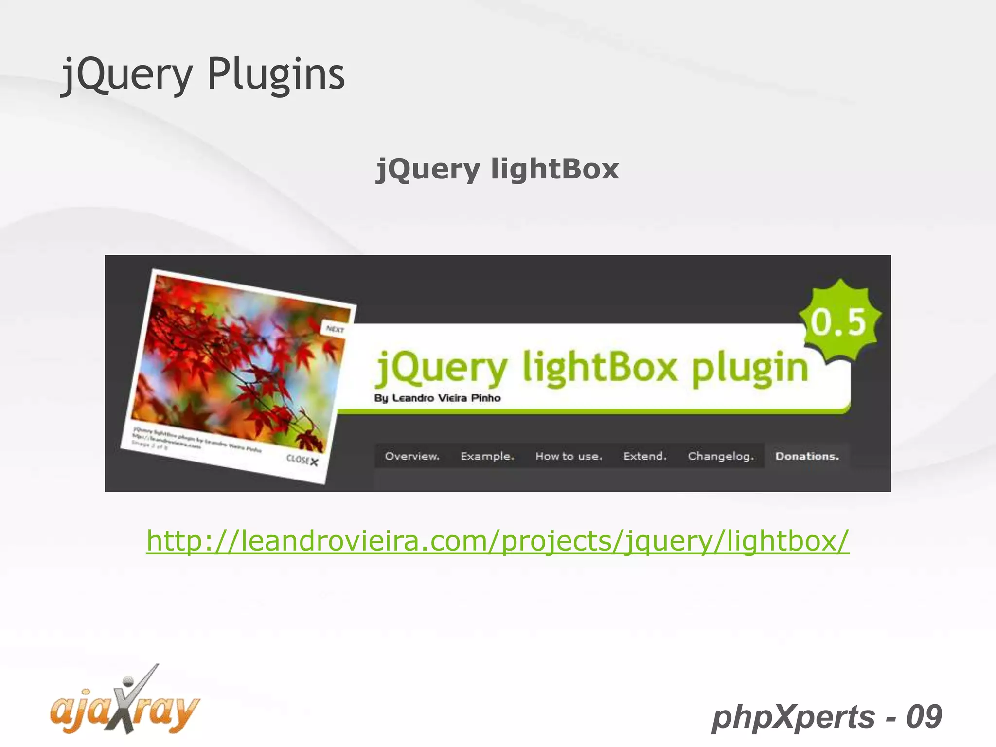 phpXperts - 09
jQuery Plugins
jQuery lightBox
http://leandrovieira.com/projects/jquery/lightbox/
 