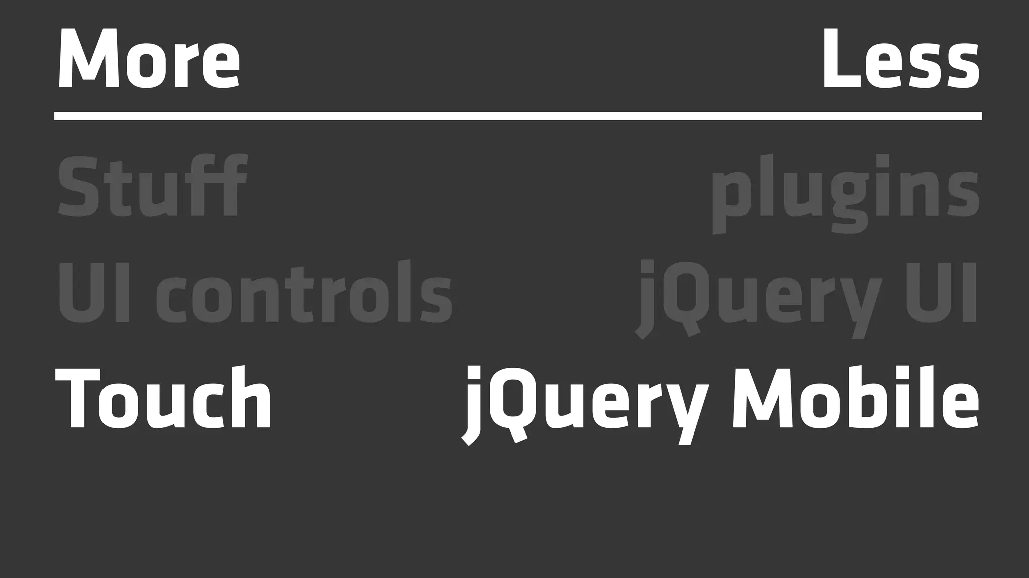 More                 Less
Stuff             plugins
UI controls     jQuery UI
Touch       jQuery Mobile
 