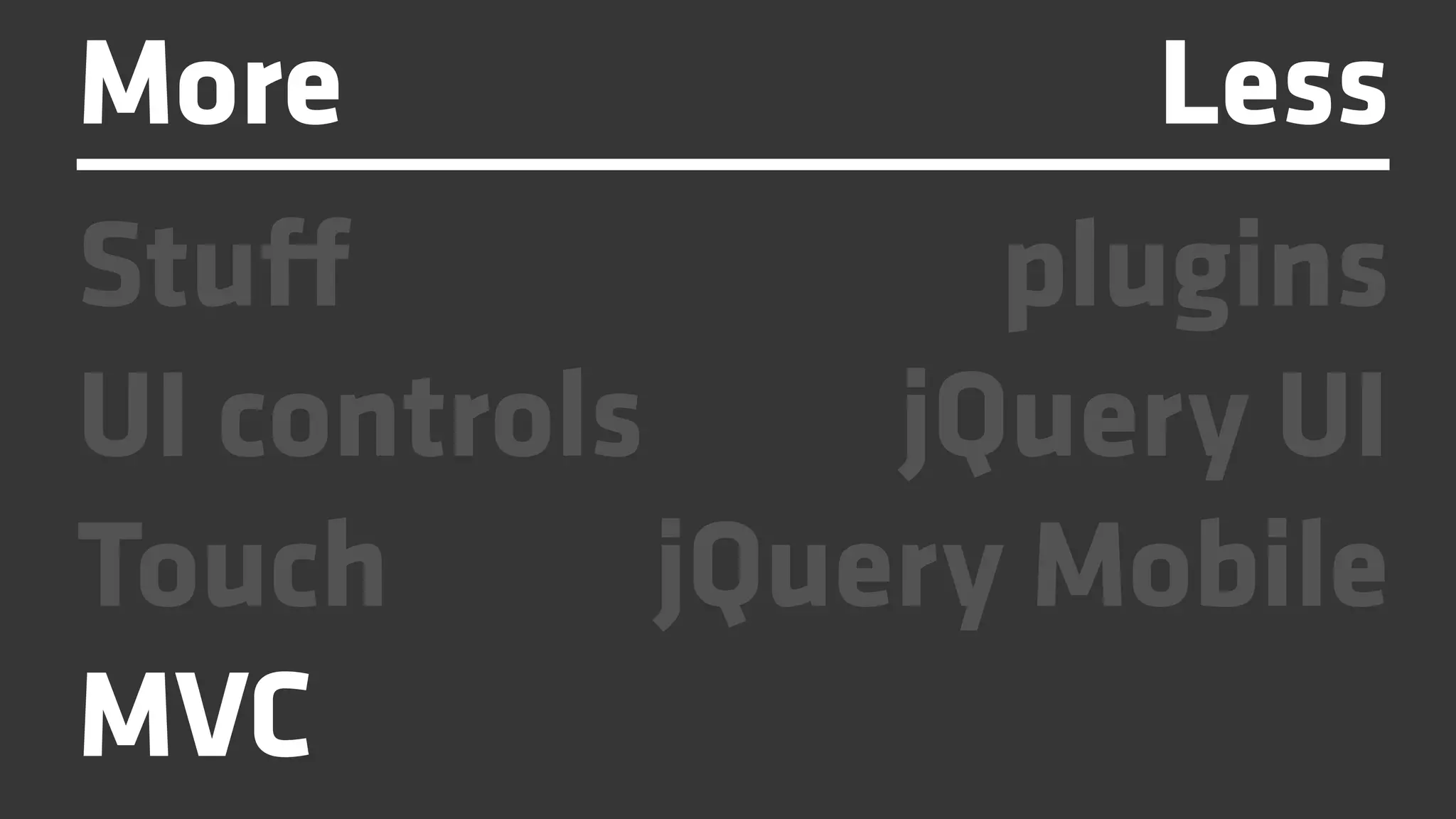 More                 Less
Stuff             plugins
UI controls     jQuery UI
Touch       jQuery Mobile
MVC
 