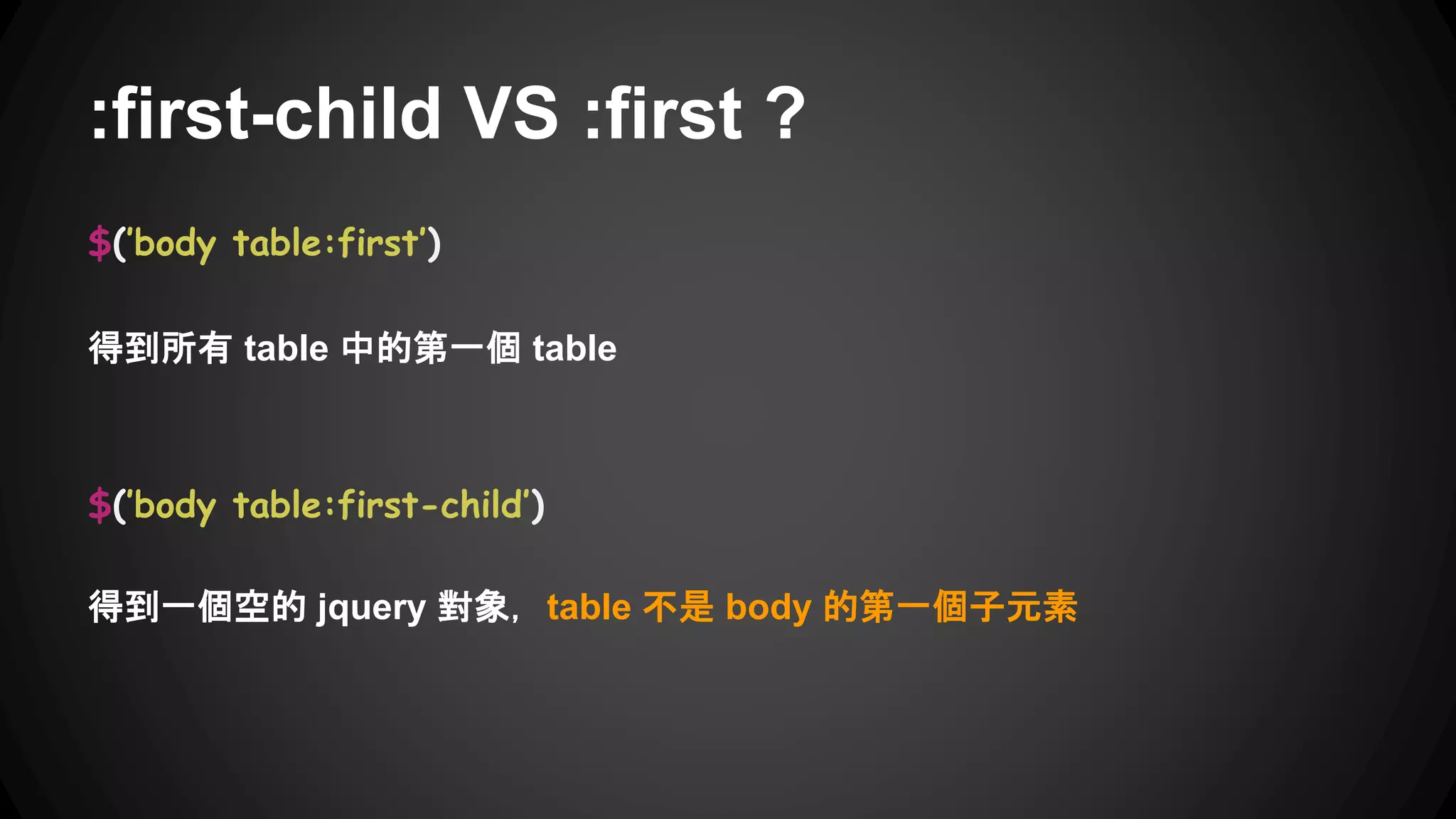定位篩選選取器
● :first / :last：符合的第一個元素 / 符合的最後一個元素
● :not：過濾掉所有符合指定選擇器的元素 $(‘’td:not(‘.a’)‘’)
● :even / :odd：索引值為偶數的元素 / 索引值為奇數的元素
● :eq：索引值與指定的值相等的元素， $(‘’td:eq(2)‘’) 會選取 td 的第 2 個
● :gt：索引值大於指定值的元素， $(‘’td:gt(0)‘’) 會選取 td 的第 2 行與之後的行。
● :lt：索引值小於指定值的元素。
● :header：選取如 h1, h2, h3... 標題元素。
● :animated：選取所有正在執行動畫效果的元素。
 