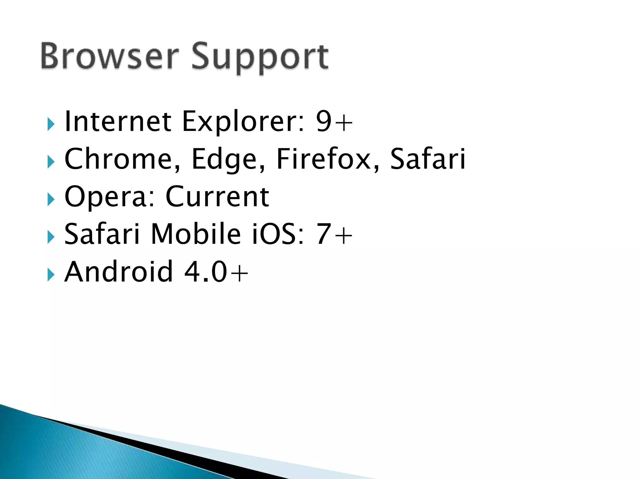  Internet Explorer: 9+
 Chrome, Edge, Firefox, Safari
 Opera: Current
 Safari Mobile iOS: 7+
 Android 4.0+
 