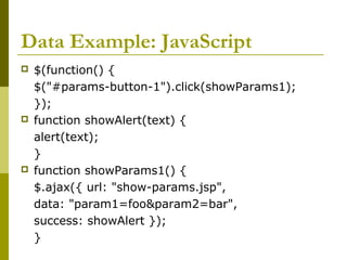 Data Example: JavaScript
 $(function() {
$("#params-button-1").click(showParams1);
});
 function showAlert(text) {
alert(text);
}
 function showParams1() {
$.ajax({ url: "show-params.jsp",
data: "param1=foo&param2=bar",
success: showAlert });
}
 