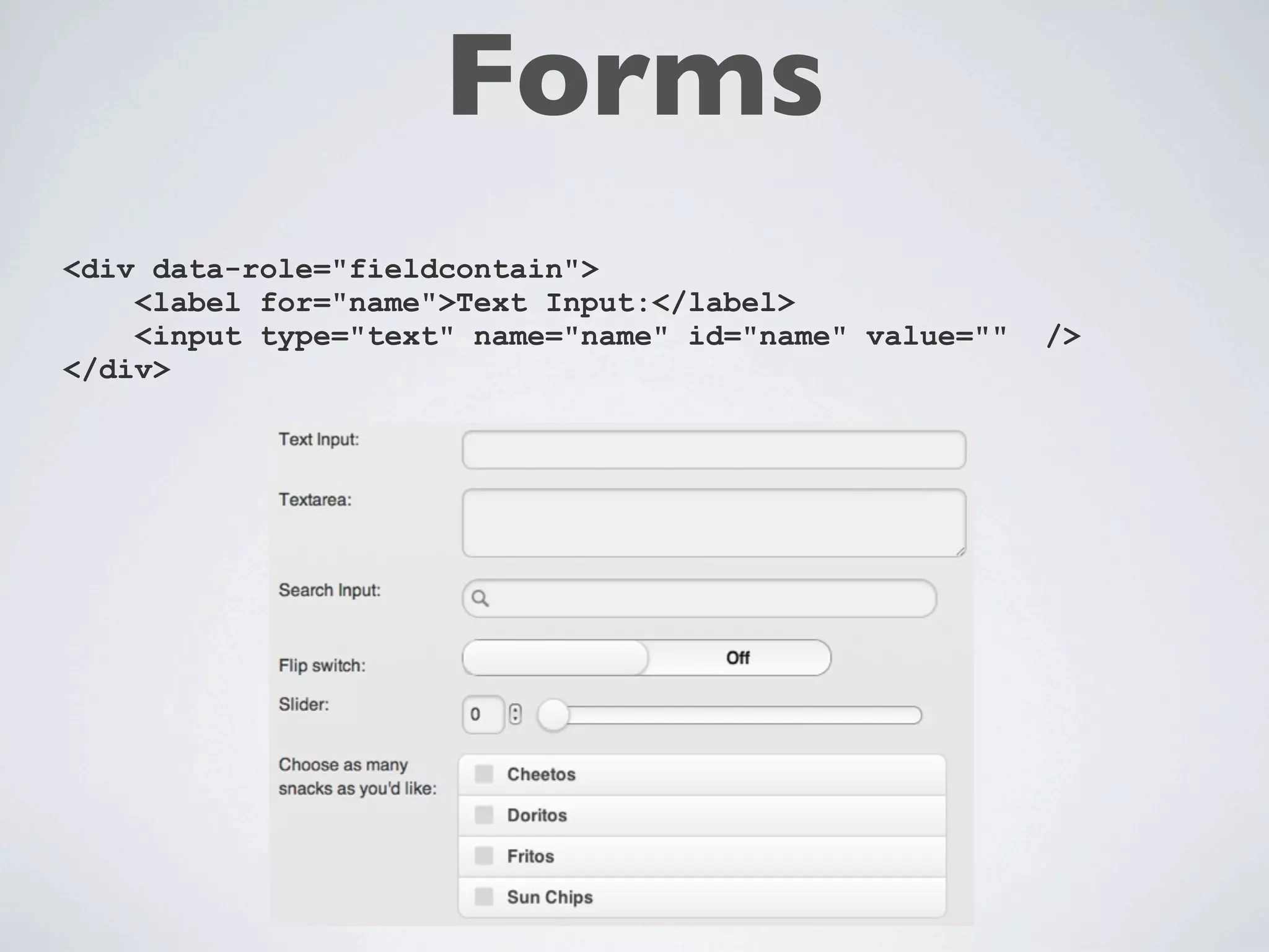 Lista Básica
<ul data-role="listview" data-theme="g">
  <li><a href="acura.html">Acura</a></li>
  <li><a href="audi.html">Audi</a></li>
  <li><a href="bmw.html">BMW</a></li>
</ul>
 