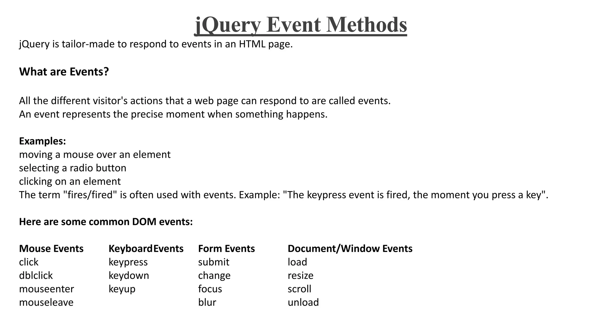 jQuery Event Methods
jQuery is tailor-made to respond to events in an HTML page.
What are Events?
All the different visitor's actions that a web page can respond to are called events.
An event represents the precise moment when something happens.
Examples:
moving a mouse over an element
selecting a radio button
clicking on an element
The term "fires/fired" is often used with events. Example: "The keypress event is fired, the moment you press a key".
Here are some common DOM events:
Mouse Events KeyboardEvents Form Events Document/Window Events
click keypress submit load
dblclick keydown change resize
mouseenter keyup focus scroll
mouseleave blur unload
 
