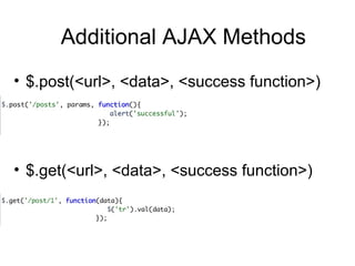 Additional AJAX Methods $.post(<url>, <data>, <success function>)  $.get(<url>, <data>, <success function>) 