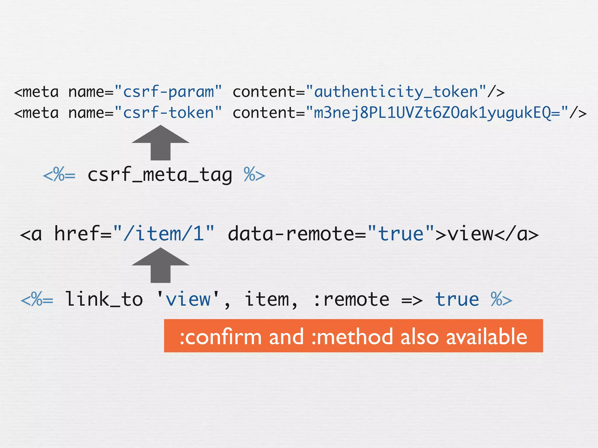 <meta name="csrf-param" content="authenticity_token"/>
<meta name="csrf-token" content="m3nej8PL1UVZt6ZOak1yugukEQ="/>



   <%= csrf_meta_tag %>


<a href="/item/1" data-remote="true">view</a>


<%= link_to 'view', item, :remote => true %>

                  :conﬁrm and :method also available
 