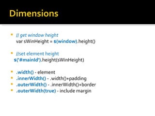     // get window height
     var sWinHeight = $(window).height()

    //set element height
    $('#mainId').height(sWinHeight)

    .width() - element
    .innerWidth() - .width()+padding
    .outerWidth() - .innerWidth()+border
    .outerWidth(true) - include margin
 