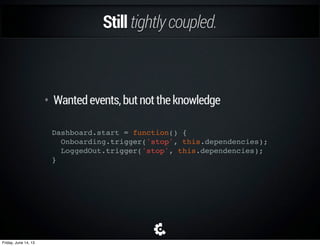 Usingavent.
• Allofthesepiecesareusingevents
• Isolatethatfunctionalitytoasingleunit
Vent
Vent = function() {...}
Vent.prototype.on = function() {...}
Vent.prototype.one = function() {...}
Vent.prototype.off = function() {...}
Vent.prototype.trigger = function() {...}
Friday, June 14, 13
 