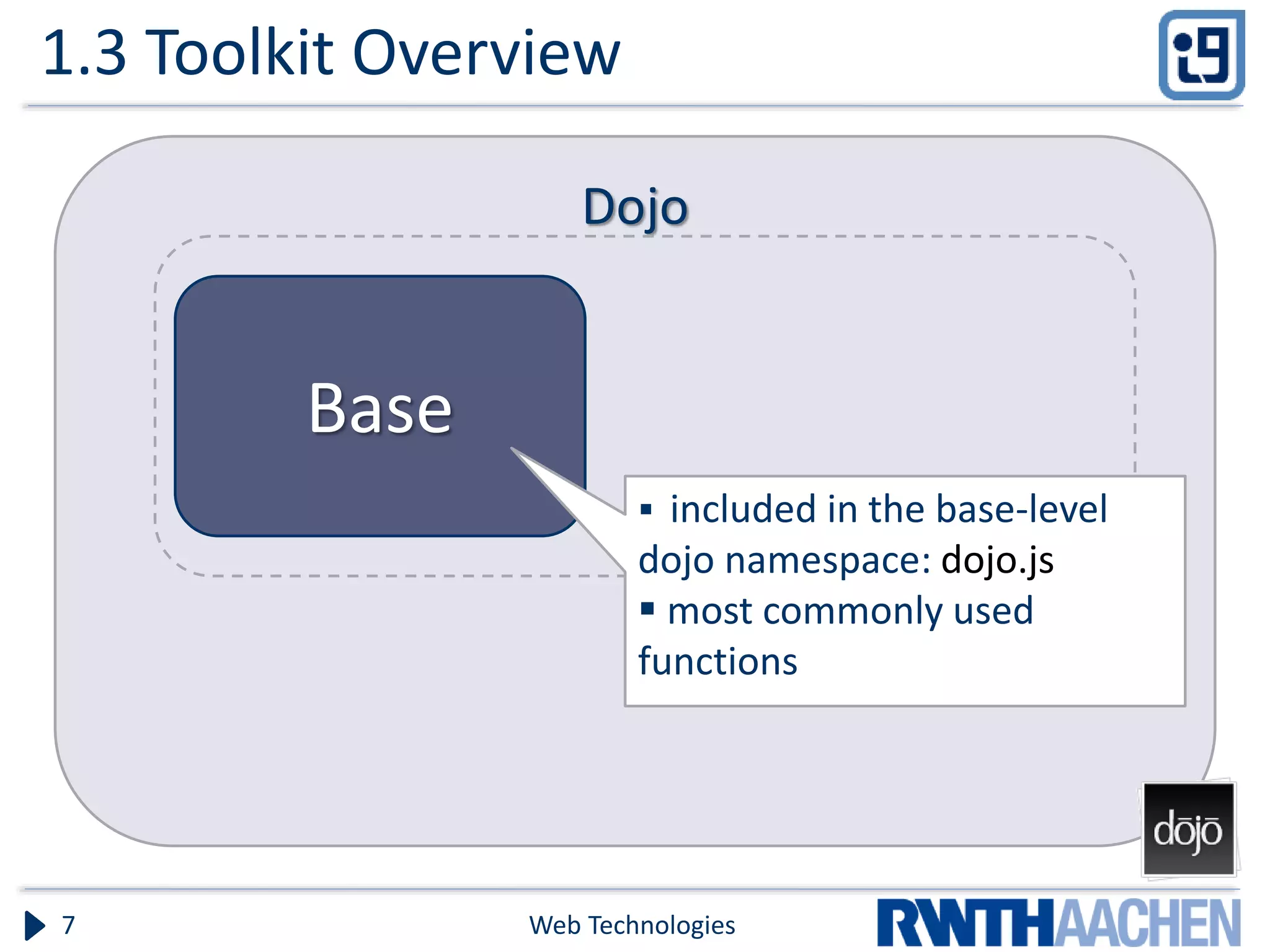 1.3 Toolkit Overview Web Technologies7 Dojo Base  included in the base-level dojo namespace: dojo.js  most commonly used functions 