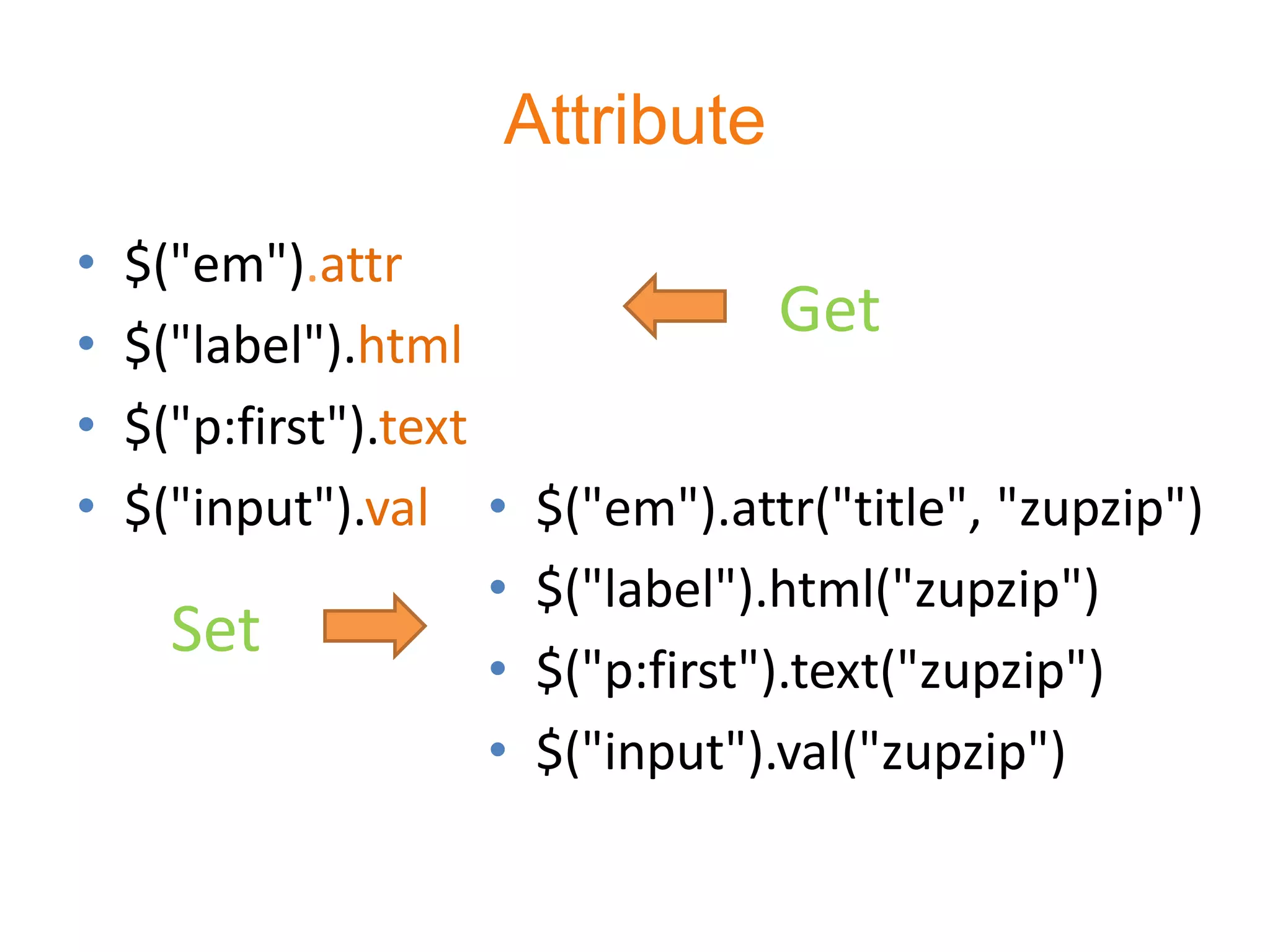 Attribute
•   $("em").attr("title")
•   $("label").html()
                                    Get
•   $("p:first").text()
•   $("input").val() • $("em").attr("title", "zupzip")
                      • $("label").html("zupzip")
      Set
                      • $("p:first").text("zupzip")
                      • $("input").val("zupzip")
 