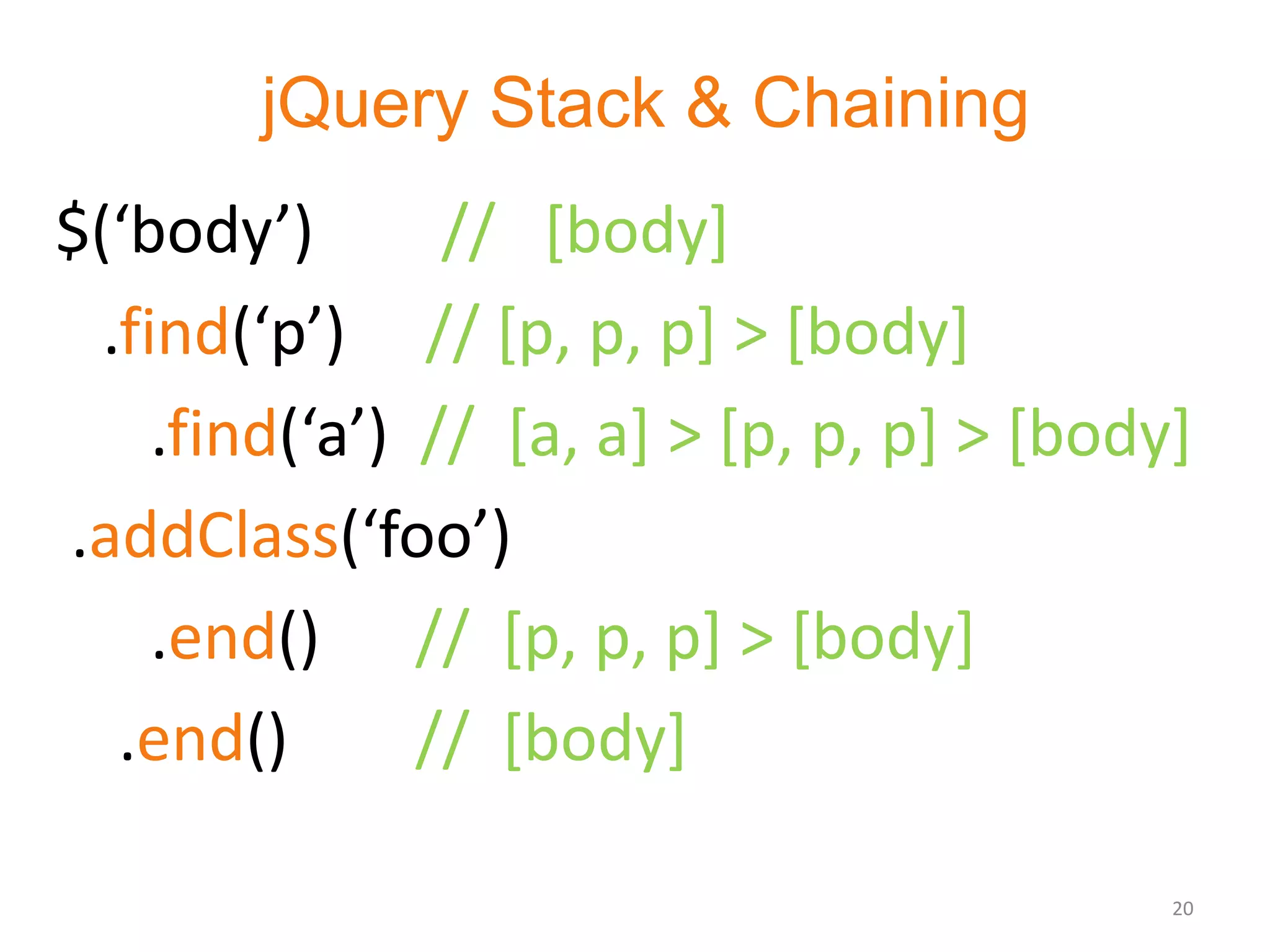 jQuery Stack & Chaining
$(‘body’)        // [body]
  .find(‘p’) // [p, p, p] > [body]
     .find(‘a’) // [a, a] > [p, p, p] > [body]
.addClass(‘foo’)
     .end() // [p, p, p] > [body]
   .end()       // [body]

                                             20
 