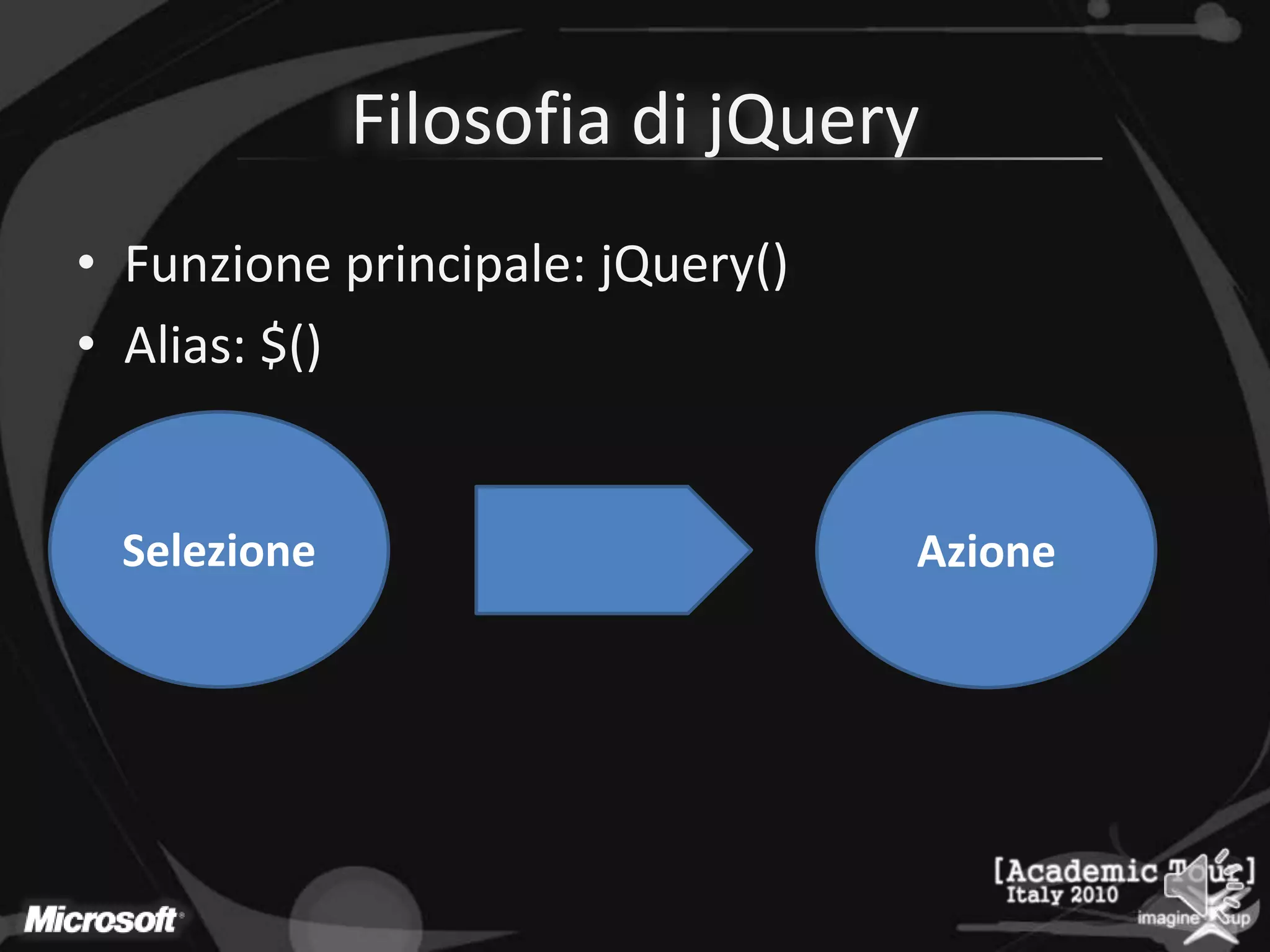 Filosofia di jQueryFunzione principale: jQuery()Alias: $()SelezioneAzione