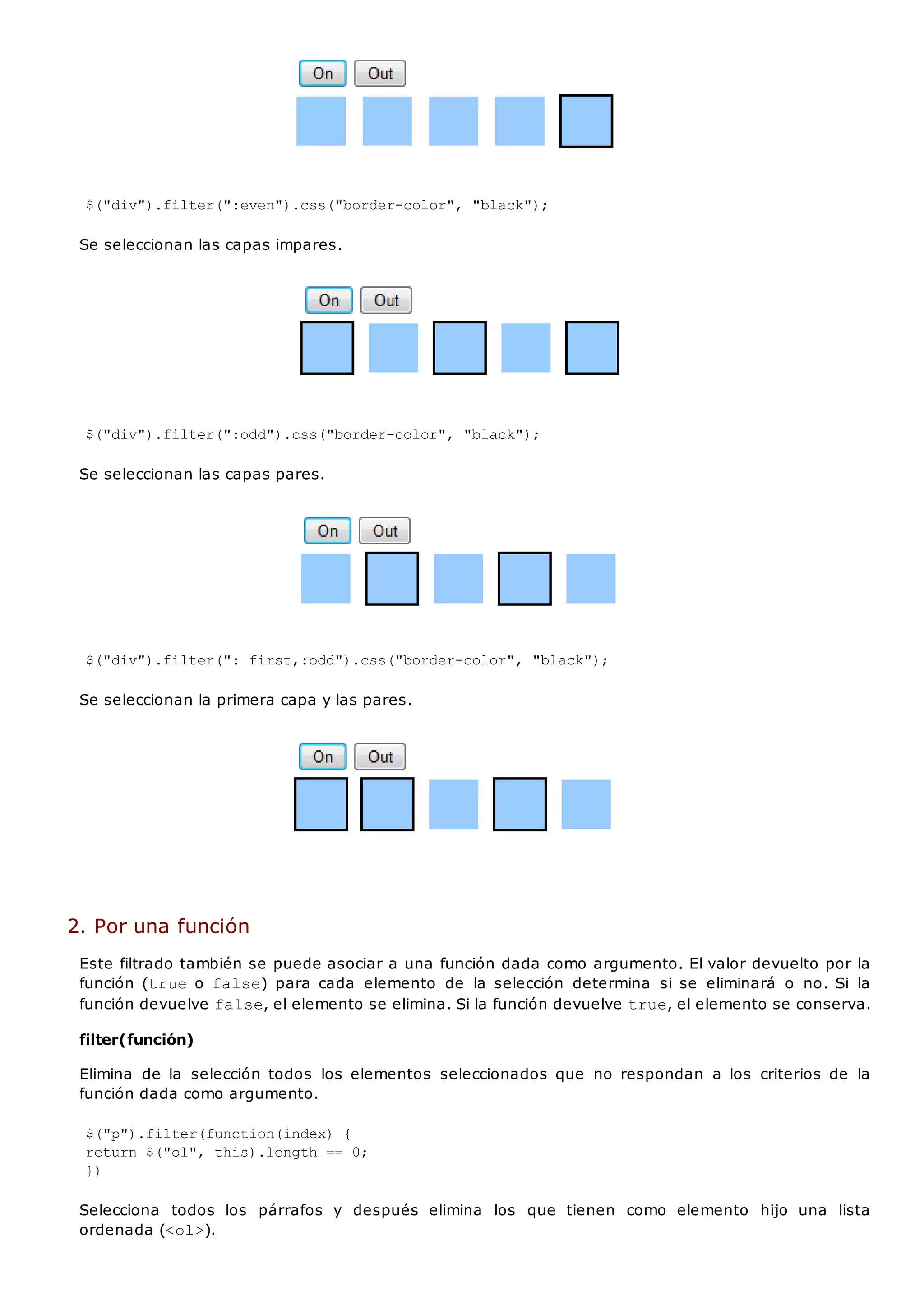 $("div").filter(":even").css("border-color", "black");
Se seleccionan las capas impares.
$("div").filter(":odd").css("border-color", "black");
Se seleccionan las capas pares.
$("div").filter(": first,:odd").css("border-color", "black");
Se seleccionan la primera capa y las pares.
2. Por una función
Este filtrado también se puede asociar a una función dada como argumento. El valor devuelto por la
función (trueo false) para cada elemento de la selección determina si se eliminará o no. Si la
función devuelve false, el elemento se elimina. Si la función devuelve true, el elemento se conserva.
filter(función)
Elimina de la selección todos los elementos seleccionados que no respondan a los criterios de la
función dada como argumento.
$("p").filter(function(index) {
return $("ol", this).length == 0;
})
Selecciona todos los párrafos y después elimina los que tienen como elemento hijo una lista
ordenada (<ol>).
 
