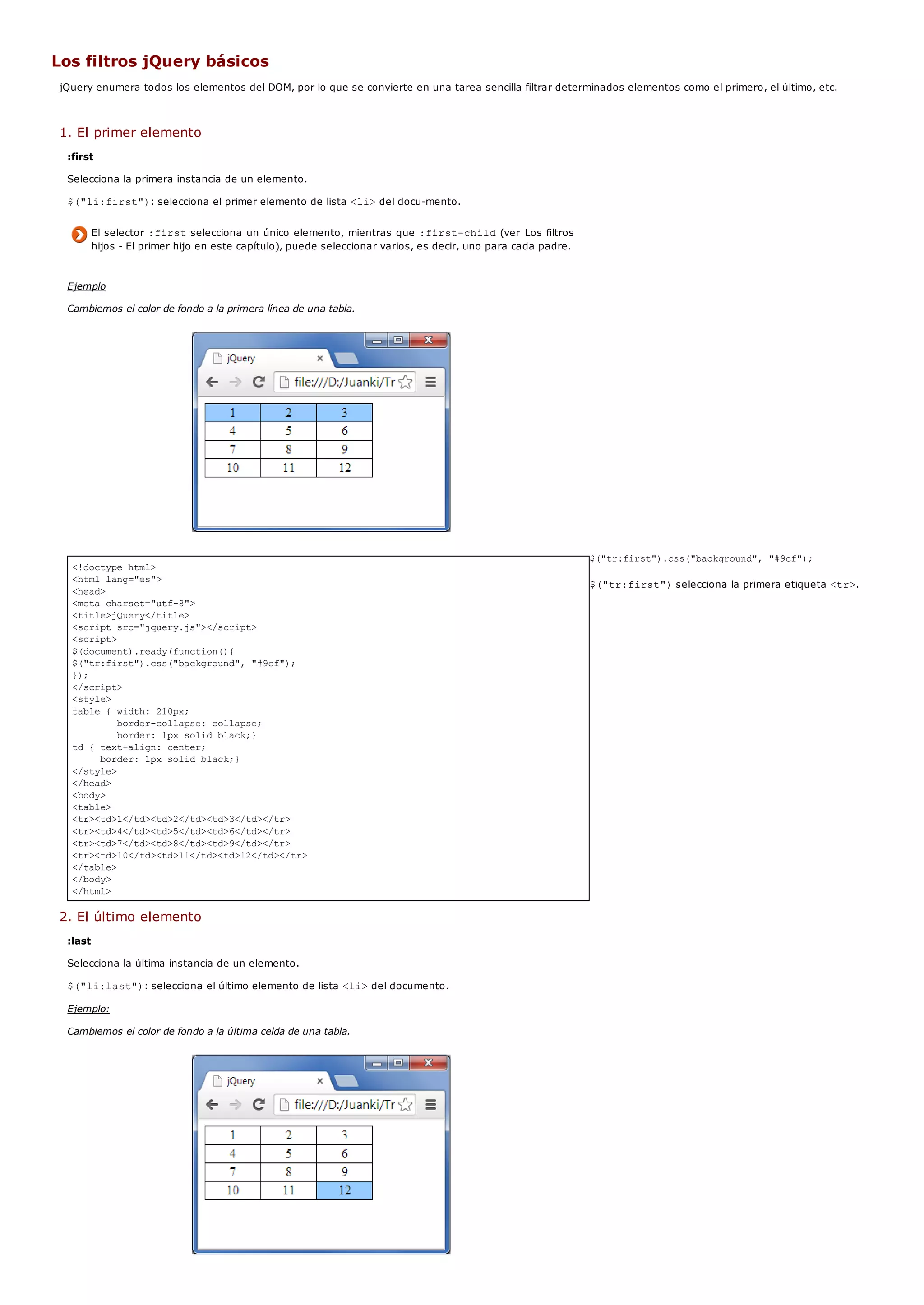 <!doctype html>
<html lang="es">
<head>
<meta charset="utf-8">
<title>jQuery</title>
<script src="jquery.js"></script>
<script>
$(document).ready(function(){
$("tr:first").css("background", "#9cf");
});
</script>
<style>
table { width: 210px;
border-collapse: collapse;
border: 1px solid black;}
td { text-align: center;
border: 1px solid black;}
</style>
</head>
<body>
<table>
<tr><td>1</td><td>2</td><td>3</td></tr>
<tr><td>4</td><td>5</td><td>6</td></tr>
<tr><td>7</td><td>8</td><td>9</td></tr>
<tr><td>10</td><td>11</td><td>12</td></tr>
</table>
</body>
</html>
Los filtros jQuery básicos
jQuery enumera todos los elementos del DOM, por lo que se convierte en una tarea sencilla filtrar determinados elementos como el primero, el último, etc.
1. El primer elemento
:first
Selecciona la primera instancia de un elemento.
$("li:first"): selecciona el primer elemento de lista <li>del docu-mento.
El selector :firstselecciona un único elemento, mientras que :first-child(ver Los filtros
hijos - El primer hijo en este capítulo), puede seleccionar varios, es decir, uno para cada padre.
Ejemplo
Cambiemos el color de fondo a la primera línea de una tabla.
$("tr:first").css("background", "#9cf");
$("tr:first")selecciona la primera etiqueta <tr>.
2. El último elemento
:last
Selecciona la última instancia de un elemento.
$("li:last"): selecciona el último elemento de lista <li>del documento.
Ejemplo:
Cambiemos el color de fondo a la última celda de una tabla.
 