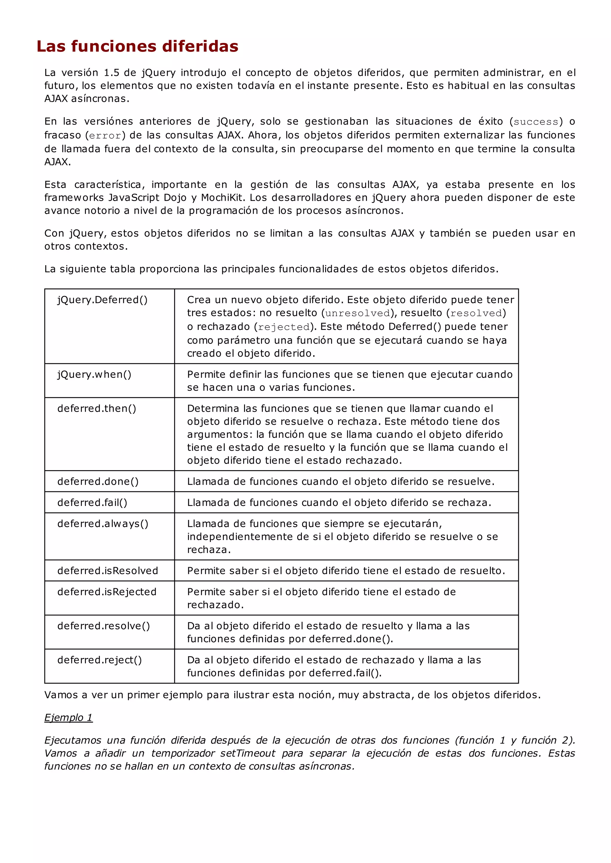 jQuery.Deferred() Crea un nuevo objeto diferido. Este objeto diferido puede tener
tres estados: no resuelto (unresolved), resuelto (resolved)
o rechazado (rejected). Este método Deferred() puede tener
como parámetro una función que se ejecutará cuando se haya
creado el objeto diferido.
jQuery.when() Permite definir las funciones que se tienen que ejecutar cuando
se hacen una o varias funciones.
deferred.then() Determina las funciones que se tienen que llamar cuando el
objeto diferido se resuelve o rechaza. Este método tiene dos
argumentos: la función que se llama cuando el objeto diferido
tiene el estado de resuelto y la función que se llama cuando el
objeto diferido tiene el estado rechazado.
deferred.done() Llamada de funciones cuando el objeto diferido se resuelve.
deferred.fail() Llamada de funciones cuando el objeto diferido se rechaza.
deferred.always() Llamada de funciones que siempre se ejecutarán,
independientemente de si el objeto diferido se resuelve o se
rechaza.
deferred.isResolved Permite saber si el objeto diferido tiene el estado de resuelto.
deferred.isRejected Permite saber si el objeto diferido tiene el estado de
rechazado.
deferred.resolve() Da al objeto diferido el estado de resuelto y llama a las
funciones definidas por deferred.done().
deferred.reject() Da al objeto diferido el estado de rechazado y llama a las
funciones definidas por deferred.fail().
Las funciones diferidas
La versión 1.5 de jQuery introdujo el concepto de objetos diferidos, que permiten administrar, en el
futuro, los elementos que no existen todavía en el instante presente. Esto es habitual en las consultas
AJAX asíncronas.
En las versiónes anteriores de jQuery, solo se gestionaban las situaciones de éxito (success) o
fracaso (error) de las consultas AJAX. Ahora, los objetos diferidos permiten externalizar las funciones
de llamada fuera del contexto de la consulta, sin preocuparse del momento en que termine la consulta
AJAX.
Esta característica, importante en la gestión de las consultas AJAX, ya estaba presente en los
frameworks JavaScript Dojo y MochiKit. Los desarrolladores en jQuery ahora pueden disponer de este
avance notorio a nivel de la programación de los procesos asíncronos.
Con jQuery, estos objetos diferidos no se limitan a las consultas AJAX y también se pueden usar en
otros contextos.
La siguiente tabla proporciona las principales funcionalidades de estos objetos diferidos.
Vamos a ver un primer ejemplo para ilustrar esta noción, muy abstracta, de los objetos diferidos.
Ejemplo 1
Ejecutamos una función diferida después de la ejecución de otras dos funciones (función 1 y función 2).
Vamos a añadir un temporizador setTimeout para separar la ejecución de estas dos funciones. Estas
funciones no se hallan en un contexto de consultas asíncronas.
 