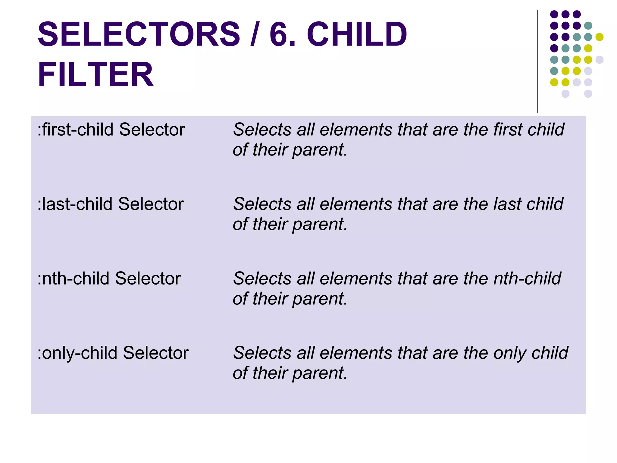 SELECTORS / 6. CHILD FILTER :first-child Selector Selects all elements that are the first child of their parent. :last-child Selector Selects all elements that are the last child of their parent. :nth-child Selector Selects all elements that are the nth-child of their parent. :only-child Selector Selects all elements that are the only child of their parent. 
