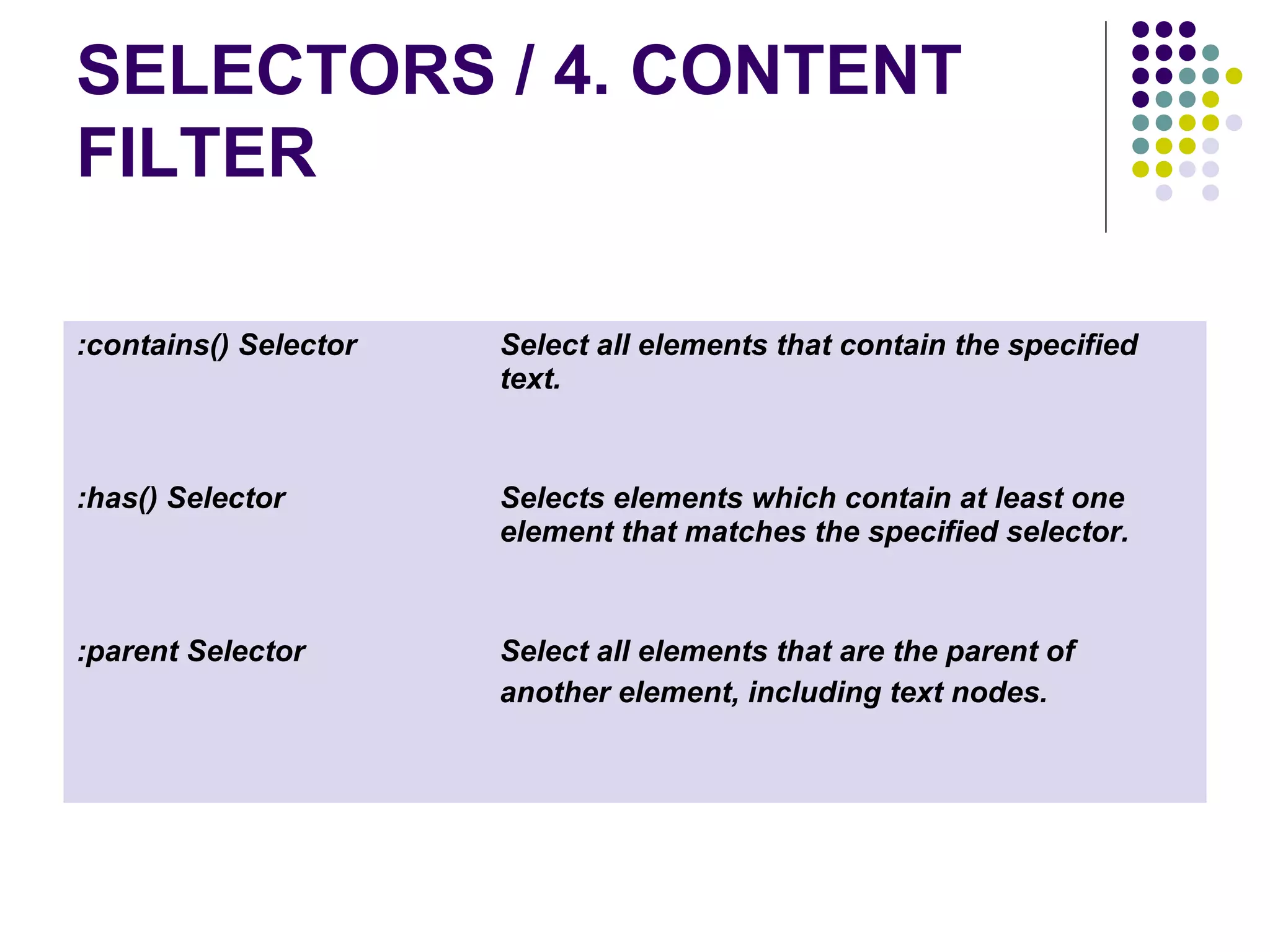SELECTORS / 4. CONTENT FILTER :contains() Selector Select all elements that contain the specified text. :has() Selector Selects elements which contain at least one element that matches the specified selector. :parent Selector Select all elements that are the parent of another element, including text nodes. 