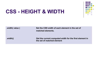 CSS - HEIGHT & WIDTH 
.width( value ) Set the CSS width of each element in the set of 
matched elements. 
.width() Get the current computed width for the first element in 
the set of matched element 
 
