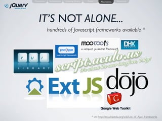 Motivation    Introduction   Learning jQuery   Demo      Alternatives   Resources




    IT’S NOT ALONE...
             hundreds of Javascript frameworks available *




                                                 * see http://en.wikipedia.org/wiki/List_of_Ajax_frameworks
 