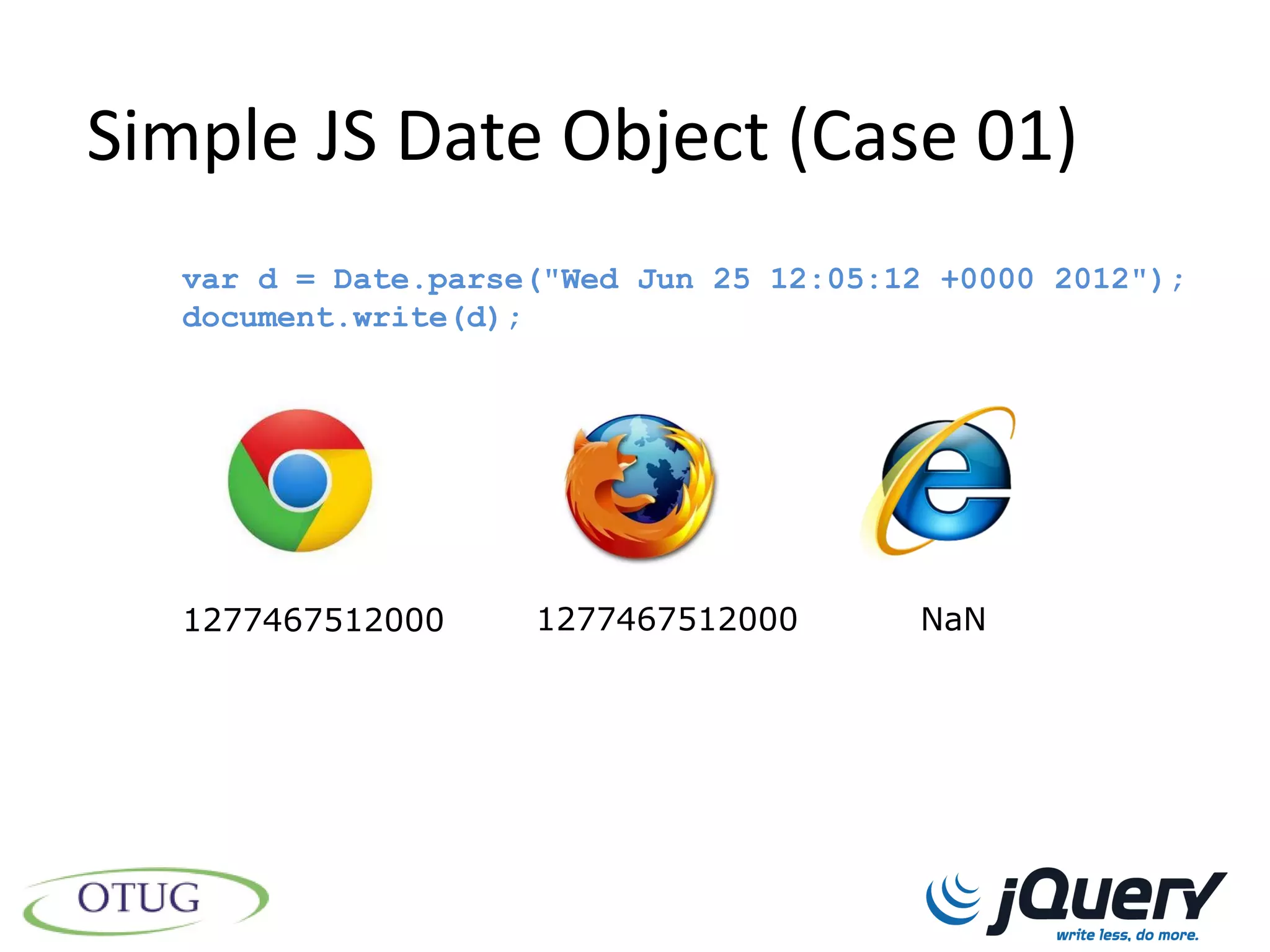 Simple JS Date Object (Case 01)
  var d = Date.parse("Wed Jun 25 12:05:12 +0000 2012");
  document.write(d);




  1277467512000     1277467512000       NaN
 