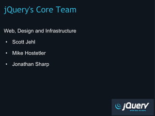 jQuery's Core Team ,[object Object],[object Object],[object Object],[object Object],[object Object]