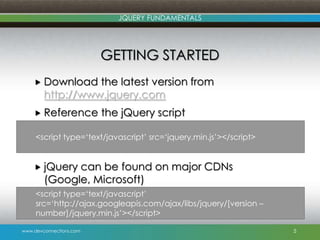 www.devconnections.com
JQUERY FUNDAMENTALS
GETTING STARTED
 Download the latest version from
http://www.jquery.com
 Reference the jQuery script
 jQuery can be found on major CDNs
(Google, Microsoft)
5
<script type=„text/javascript‟ src=„jquery.min.js‟></script>
<script type=„text/javascript‟
src=„http://ajax.googleapis.com/ajax/libs/jquery/[version –
number]/jquery.min.js‟></script>
 