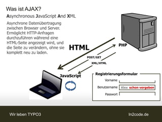 Was ist AJAX?
Asynchronous JavaScript And XML
Asynchrone Datenübertragung
zwischen Browser und Server.
Ermöglicht HTTP-Anfragen
durchzuführen während eine
HTML-Seite angezeigt wird, und
                                                                PHP
die Seite zu verändern, ohne sie   HTML
komplett neu zu laden.
                                          POST/GET

                                            XML/HTML



                                              Registrierungsformular
                             JavaScript
                                                     Vorname

                                               Benutzername     Alex schon vergeben

                                                     Passwort




 Wir leben TYPO3                                                      In2code.de
 
