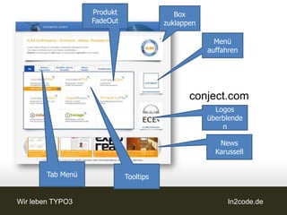 Produkt                 Box
                   FadeOut              zuklappen

                                                      Menü
                                                    auffahren




                                               conject.com
                                                      Logos
                                                    überblende
                                                        n

                                                       News
                                                      Karussell


        Tab Menü             Tooltips


Wir leben TYPO3                                           In2code.de
 