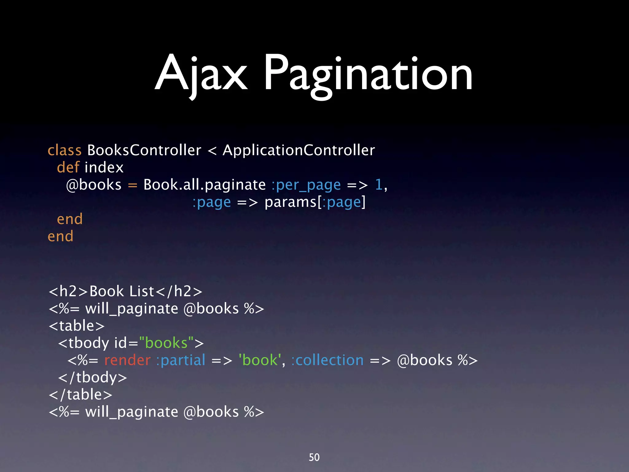 Ajax Pagination class BooksController < ApplicationController def index @books = Book.all.paginate :per_page => 1, :page => params[:page] end end <h2>Book List</h2> <%= will_paginate @books %> <table> <tbody id="books"> <%= render :partial => 'book', :collection => @books %> </tbody> </table> <%= will_paginate @books %> 50 