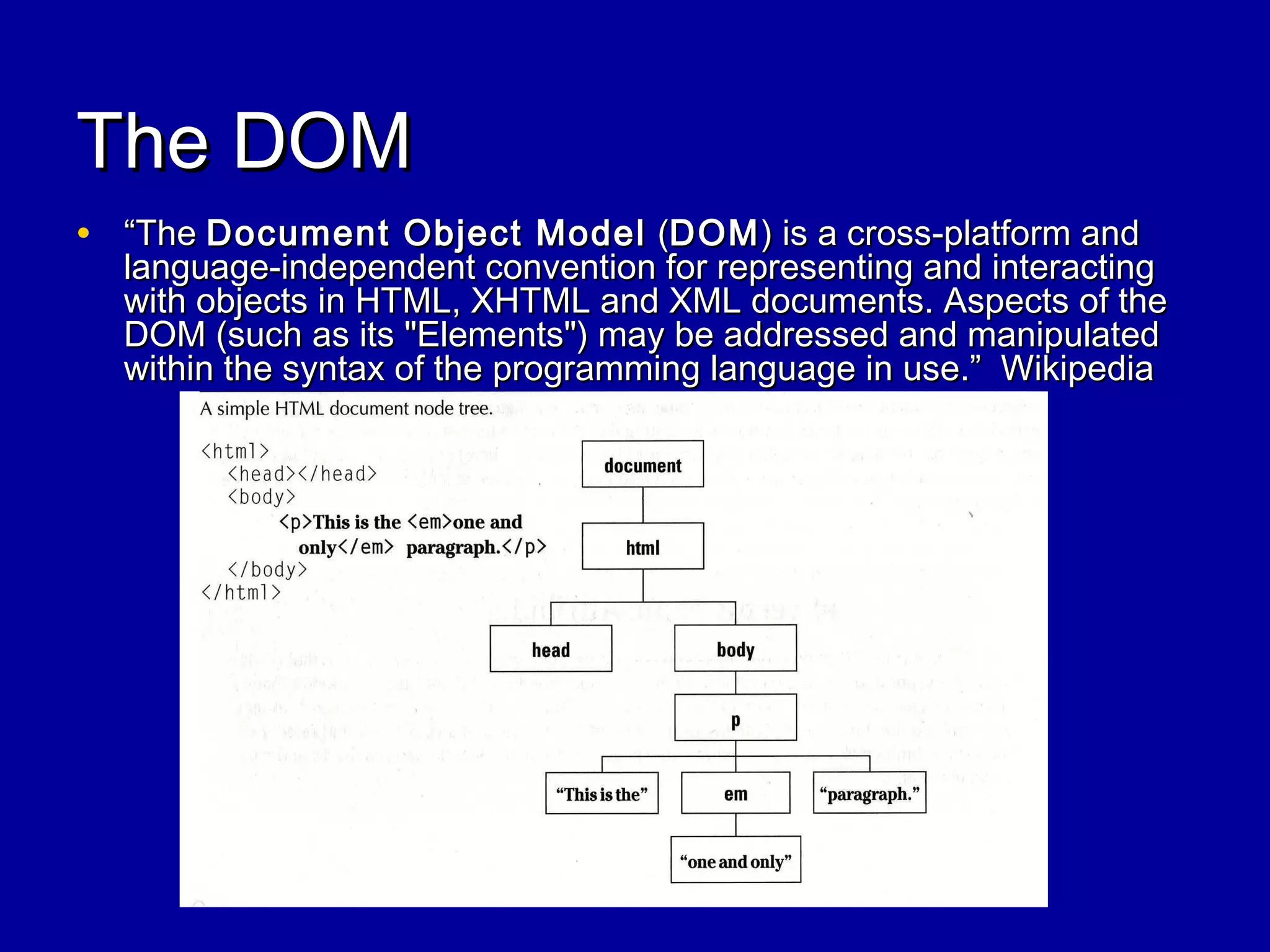 The DOMThe DOM
• ““TheThe Document Object ModelDocument Object Model ((DOMDOM) is a cross-platform and) is a cross-platform and
language-independent convention for representing and interactinglanguage-independent convention for representing and interacting
with objects in HTML, XHTML and XML documents. Aspects of thewith objects in HTML, XHTML and XML documents. Aspects of the
DOM (such as its "Elements") may be addressed and manipulatedDOM (such as its "Elements") may be addressed and manipulated
within the syntax of the programming language in use.” Wikipediawithin the syntax of the programming language in use.” Wikipedia
 