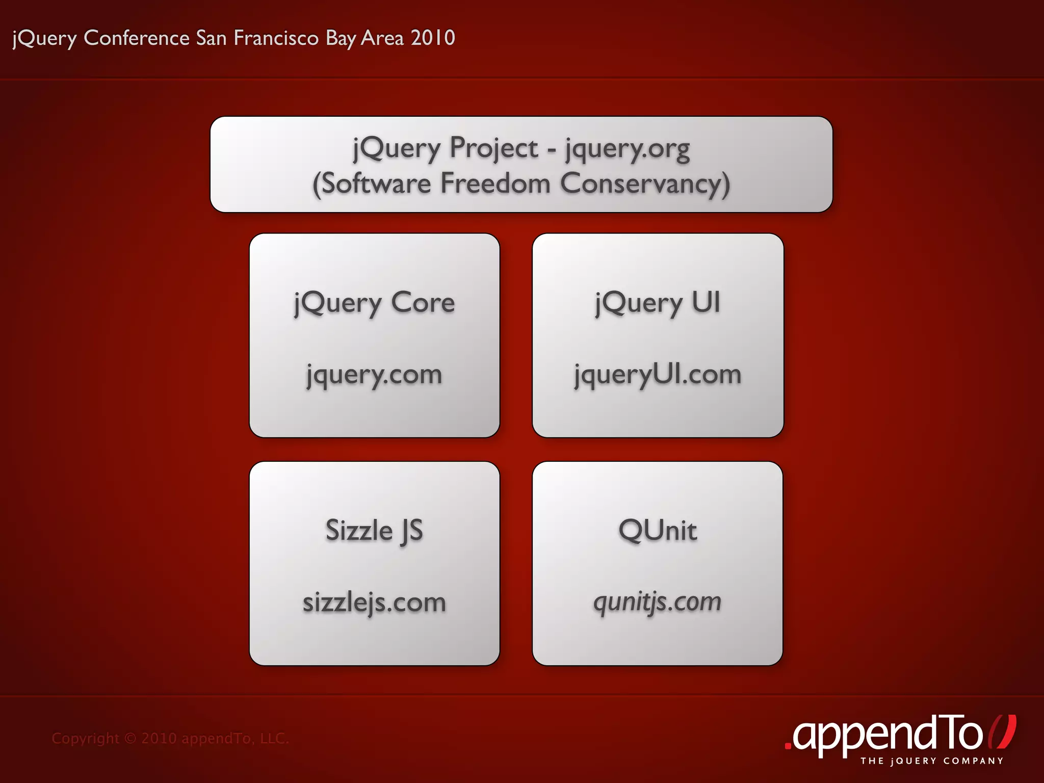 jQuery Conference San Francisco Bay Area 2010




                                         jQuery Project - jquery.org
                                      (Software Freedom Conservancy)


                                     jQuery Core          jQuery UI

                                     jquery.com         jqueryUI.com




                                       Sizzle JS            QUnit

                                     sizzlejs.com         qunitjs.com



   Copyright © 2010 appendTo, LLC.
                                                                        THE jOUERY COMPANY
 