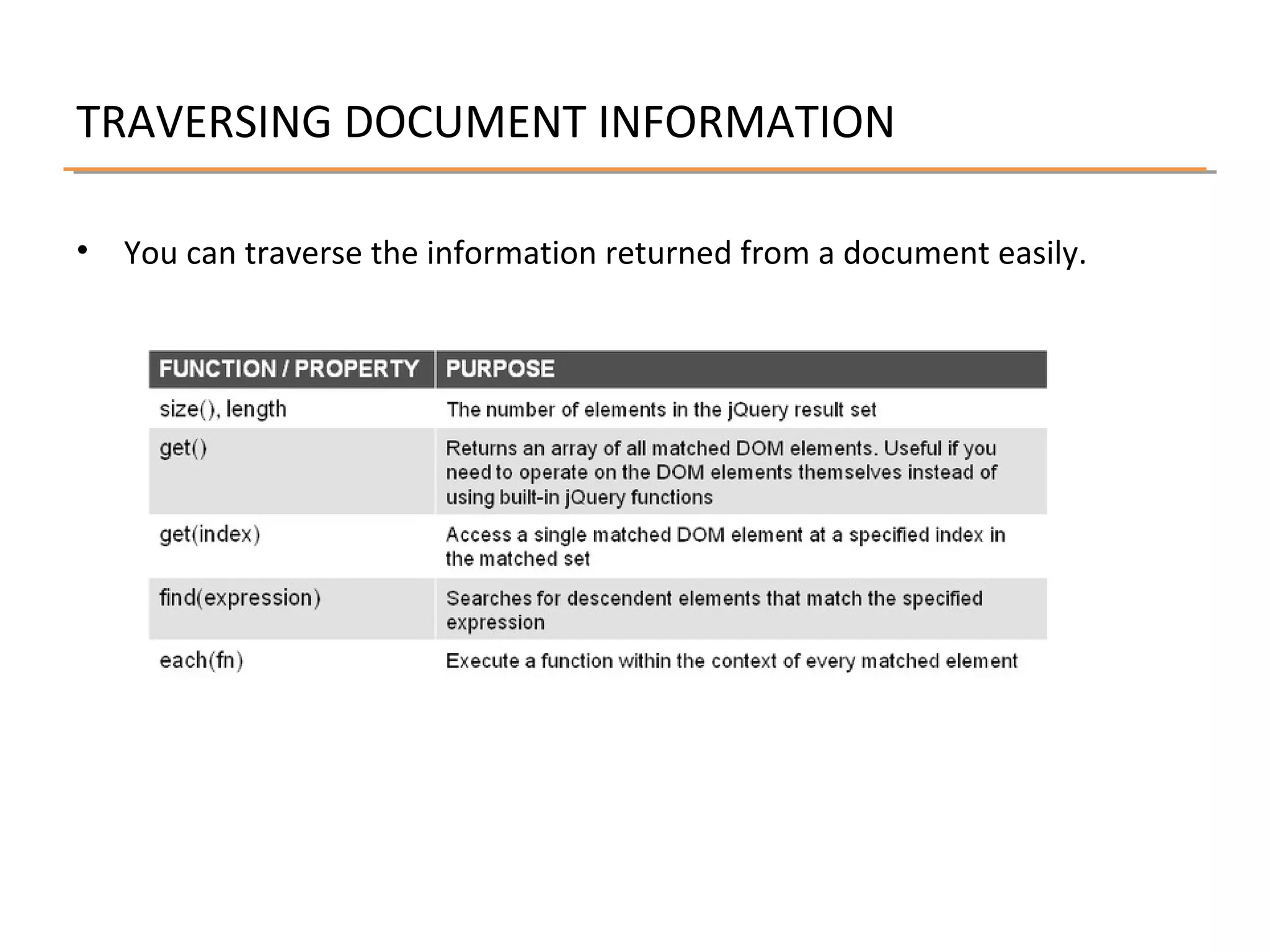 TRAVERSING DOCUMENT INFORMATION
•

You can traverse the information returned from a document easily.

 