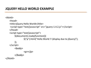 JQUERY HELLO WORLD EXAMPLE
<html>

<head>
<title>jQuery Hello World</title>
<script type="text/javascript" src="jquery-1.4.2.js"></script>
</head>
<script type="text/javascript">
$(document).ready(function(){
$(“p").html("Hello World !! (display due to jQuery)");
});
</script>

<body>

</html>

<p></p>
</body>

 