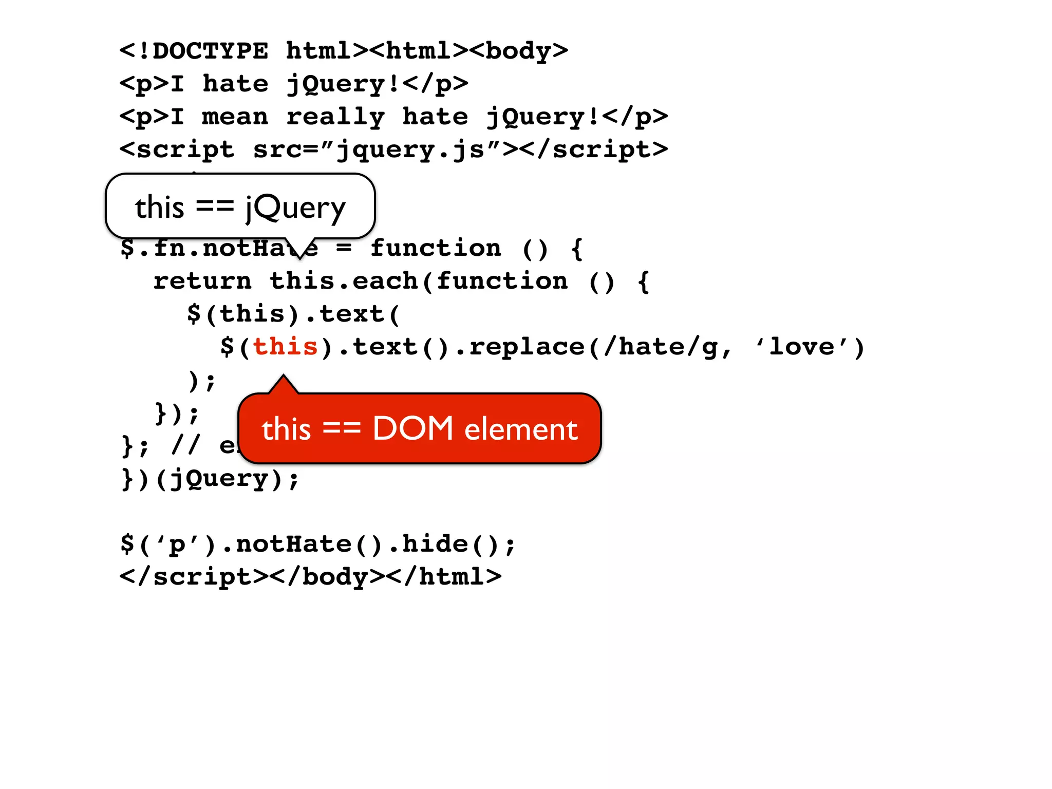 <!DOCTYPE html><html><body>
<p>I hate jQuery!</p>
<p>I mean really hate jQuery!</p>
<script src=”jquery.js”></script>
<script>
 this == jQuery
(function ($) {
$.fn.notHate = function () {
  return this.each(function () {
     $(this).text(
        $(this).text().replace(/hate/g, ‘love’)
     );
  });
}; // end of == DOM element
           this plugin
})(jQuery);

$(‘p’).notHate().hide();
</script></body></html>
 
