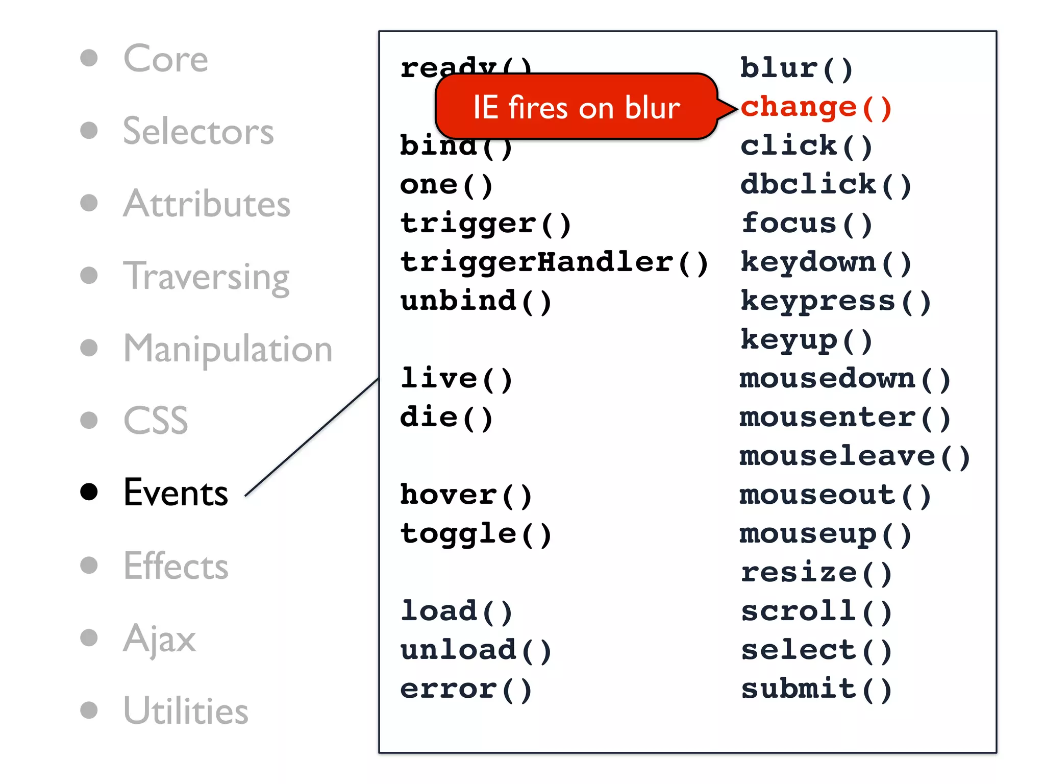 •   Core           ready()             blur()
                       IE ﬁres on blur
•
                                       change()
    Selectors      bind()              click()

•   Attributes
                   one()
                   trigger()
                                       dbclick()
                                       focus()

•   Traversing     triggerHandler() keydown()
                   unbind()            keypress()
•   Manipulation
                   live()
                                       keyup()
                                       mousedown()
•   CSS            die()               mousenter()
                                       mouseleave()
•   Events         hover()
                   toggle()
                                       mouseout()
                                       mouseup()
•   Effects
                   load()
                                       resize()
                                       scroll()
•   Ajax           unload()            select()

•
                   error()             submit()
    Utilities
 