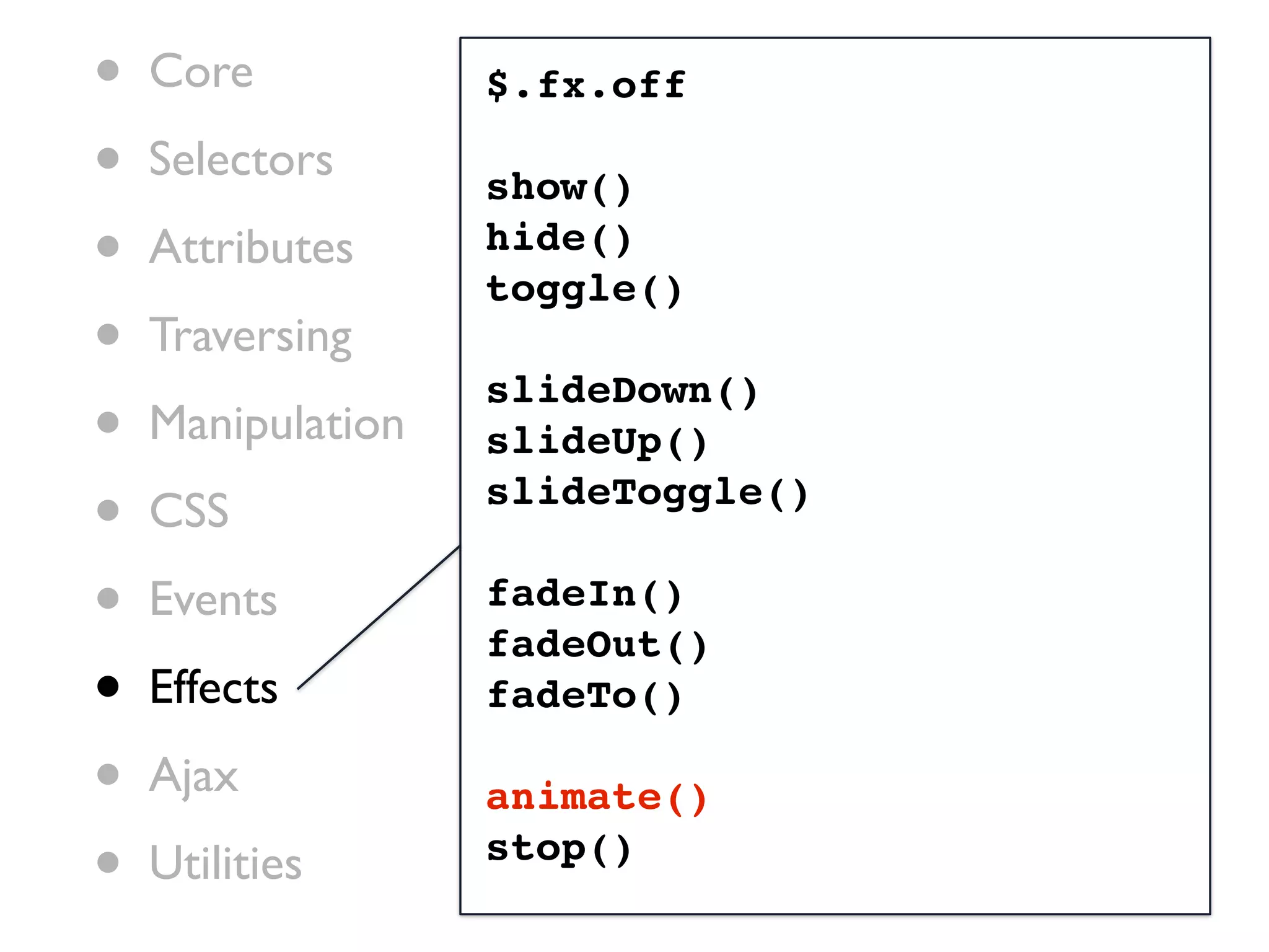 •   Core           $.fx.off

•   Selectors      show()
•   Attributes     hide()
                   toggle()
•   Traversing
                   slideDown()
•   Manipulation   slideUp()

•   CSS            slideToggle()

•   Events         fadeIn()
                   fadeOut()
•   Effects        fadeTo()

•   Ajax           animate()
•   Utilities      stop()
 