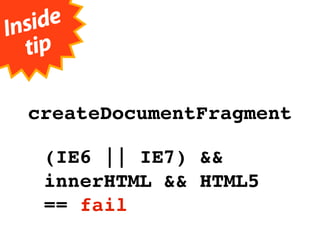 Insi de
   tip

  createDocumentFragment

    (IE6 || IE7) &&
    innerHTML && HTML5
    == fail
 