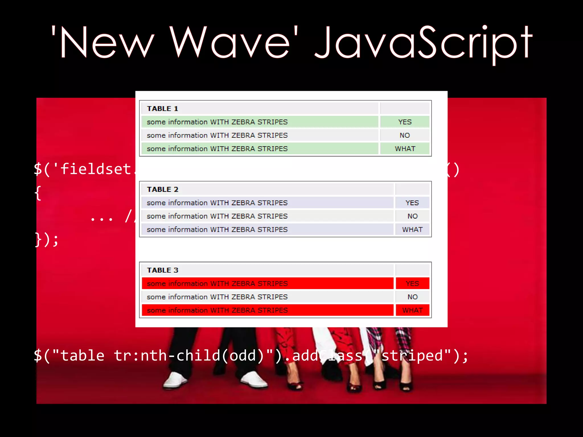 $('fieldset.collapsible legend').each(function()
{
... // Do your job
});
$("table tr:nth-child(odd)").addClass("striped");
 