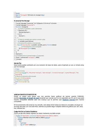 1 <body>
2 <div id="recargado">Mi texto sin recargar</div>
3 </body>

El Javascript Para Recargar
 1   <script language="javascript" src="js/jquery-1.2.6.min.js"></script>
 2   <script language="javascript">
 3   function recargar(){
 4       // Limita el contador a solo 5 elementos
 5      if ($actual<=5) {
 6          $actual=$actual+1;
 7      } else {
 8          $actual=1;
 9      }
10       // Setea la variable que vamos a enviar a php
11      var variable_post=$actual;
12      // Enviamos los valores a miscript.php
13      $.post("miscript.php", { variable: variable_post }, function(data){
14              /// Actualizamos el div recargado
15          $("#recargado").html(data);
16      });
17   }
18   $actual=0;
19   // Establecemos el temporizador a 2 segundos
20   timer = setInterval("recargar()", 2000);
21   </script>

Miscript.Php
Este script puedes cambiarlo por una conexion de base de datos, para el ejemplo yo uso un simple array
con los mensaje
    <?php
1
    // Creo el array
2
    $mensajes=array("0", "Mi primer mensaje", "2do mensaje", "un tercer mensaje", "cuarto Mensaje", "5to
3
    mensaje");
4
    // Busco el elemento seleccionado
5
    $nro=$_POST['variable'];
6
    // Muestro el mensaje
7
    echo $mensajes[$nro];
8
    ?>




AGREGAR GRAFICOS ESTADISTICOS PIE
Existe un plugin para jquery que nos permite hacer gráficos de barras usando CANVAS,
puedes descargar el plugin de aqui recuerda que canvas aun no es soportado por IE, por lo que para
hacerlo compatible deberás usar una script.js que te permita usar Explorer Canvas para hacerlo
compatible.

El funcionamiento del script es muy sencillo, solo debes tener todos tus datos en una tabla y el plugin se
encarga del resto con una sola linea, además es posible elegir multiples estilos de gráficos pie, bar, área,
line, stacked bar.

Codigo Html De Los Graficos Estadisticos
Como ya dije solo debes ingresar tus datos mediante una tabla simple
 1 <table id="dataTable" summary="Member Data from 2000 to 2006">
 2 <caption>Member Data from 2000 to 2006</caption>
 3 <thead>
 4     <tr>
 5        <td></td>
 6        <th id="2000">2000</th>
 