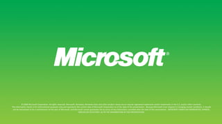 © 2008 Microsoft Corporation. All rights reserved. Microsoft, Windows, Windows Vista and other product names are or may be registered trademarks and/or trademarks in the U.S. and/or other countries.The information herein is for informational purposes only and represents the current view of Microsoft Corporation as of the date of this presentation.  Because Microsoft must respond to changing market conditions, it should not be interpreted to be a commitment on the part of Microsoft, and Microsoft cannot guarantee the accuracy of any information provided after the date of this presentation.  MICROSOFT MAKES NO WARRANTIES, EXPRESS, IMPLIED OR STATUTORY, AS TO THE INFORMATION IN THIS PRESENTATION.