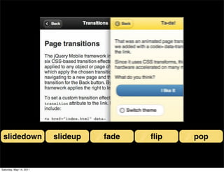slidedown               slideup   fade   ﬂip   pop



Saturday, May 14, 2011
 