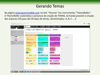 Gerando Temas
Na página www.jquerymobile.com no link “Themes” há a Ferramenta “ThemeRoller”.
O ThemeRoller automatiza o processo de criação de TEMAS, tornando possível a criação
dos arquivos CSS para até 26 tipos de temas, denominados: A, B, C ... Z.
 