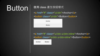 Button <a href="#" class="ui-btn">Anchor</a>
<button class="ui-btn">Button</button>
使用 class 產生按鈕樣式
<a href="#" class="ui-btn ui-btn-inline">Anchor</a>
<button class="ui-btn ui-btn-inline">Button</button>
 